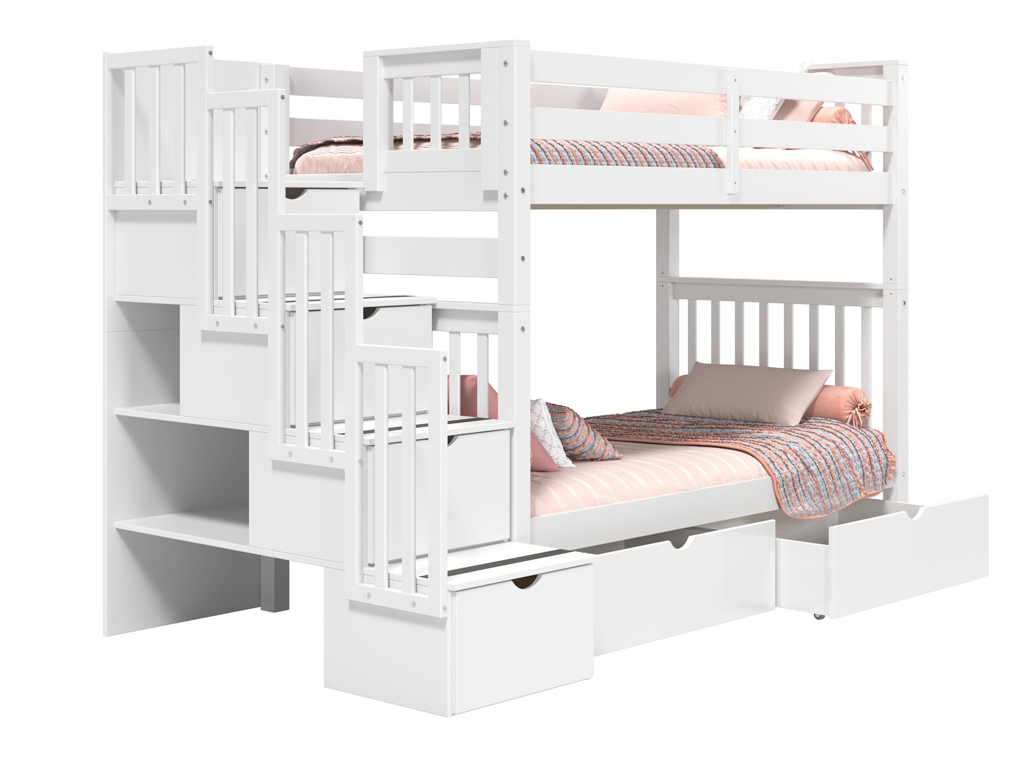 White Twin over Twin Bunk Bed with Stairway & Drawers - Space-Saving Kids Bedroom Furniture for Small Rooms & Shared Spaces