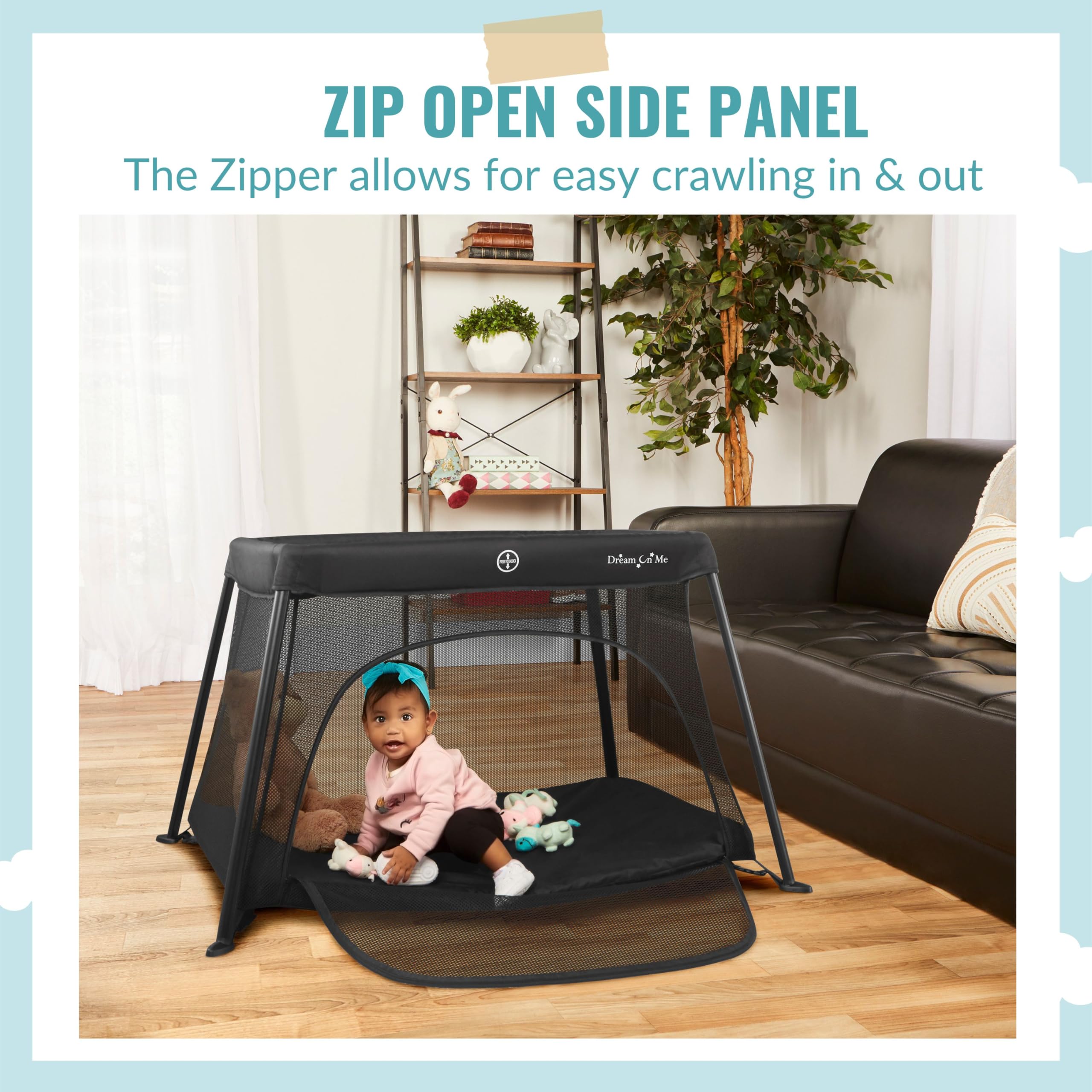 Dream On Me Travel Light Playard with Mesh Zipper Door - Portable Baby Play Yard for Travel, Home & Outdoors - Black
