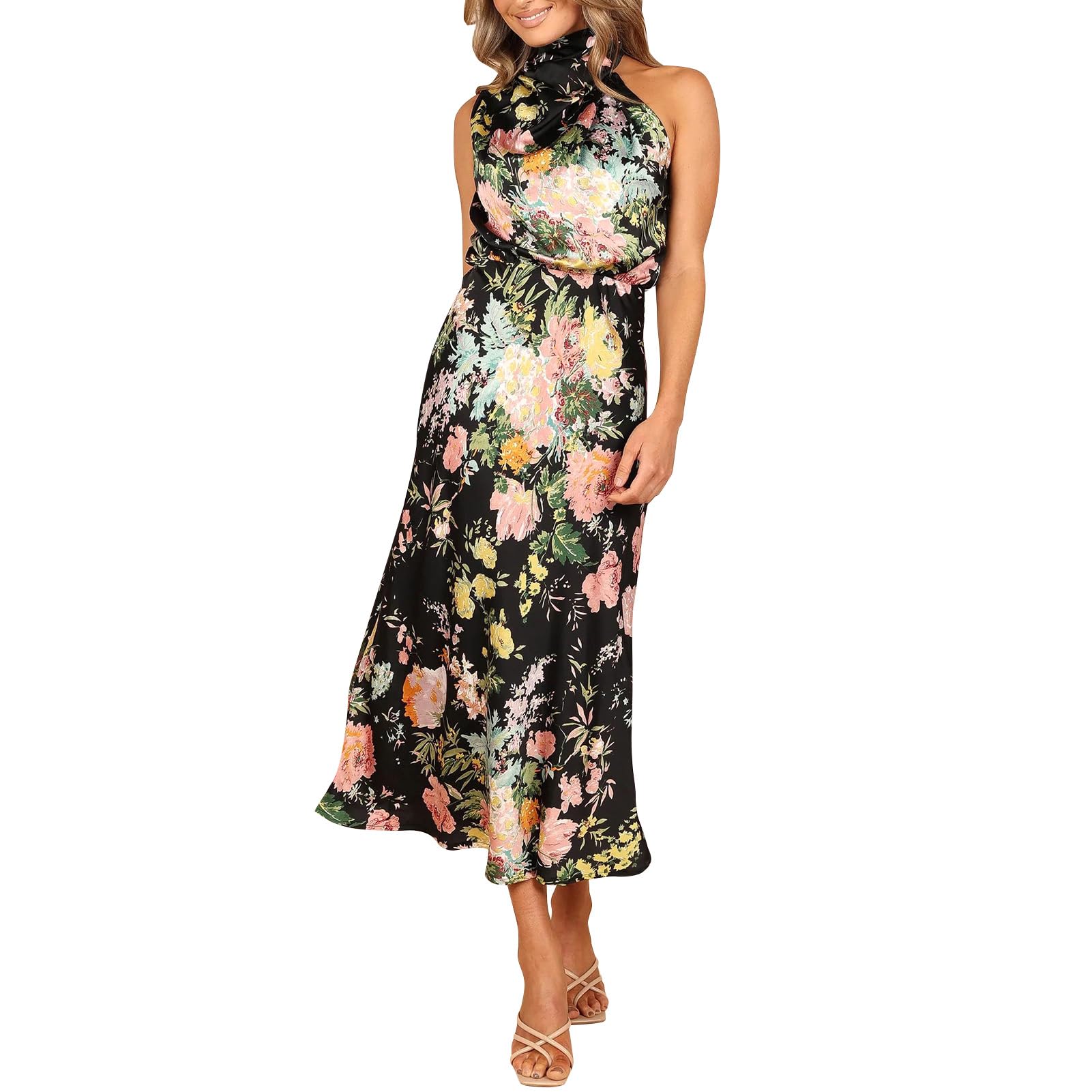 Elegant Black Floral Print Silk Sleeveless Cocktail Dress for Women - Long Satin Midi Dress with Mock Neck for Summer Weddings, Evening Parties, Prom & Formal Events