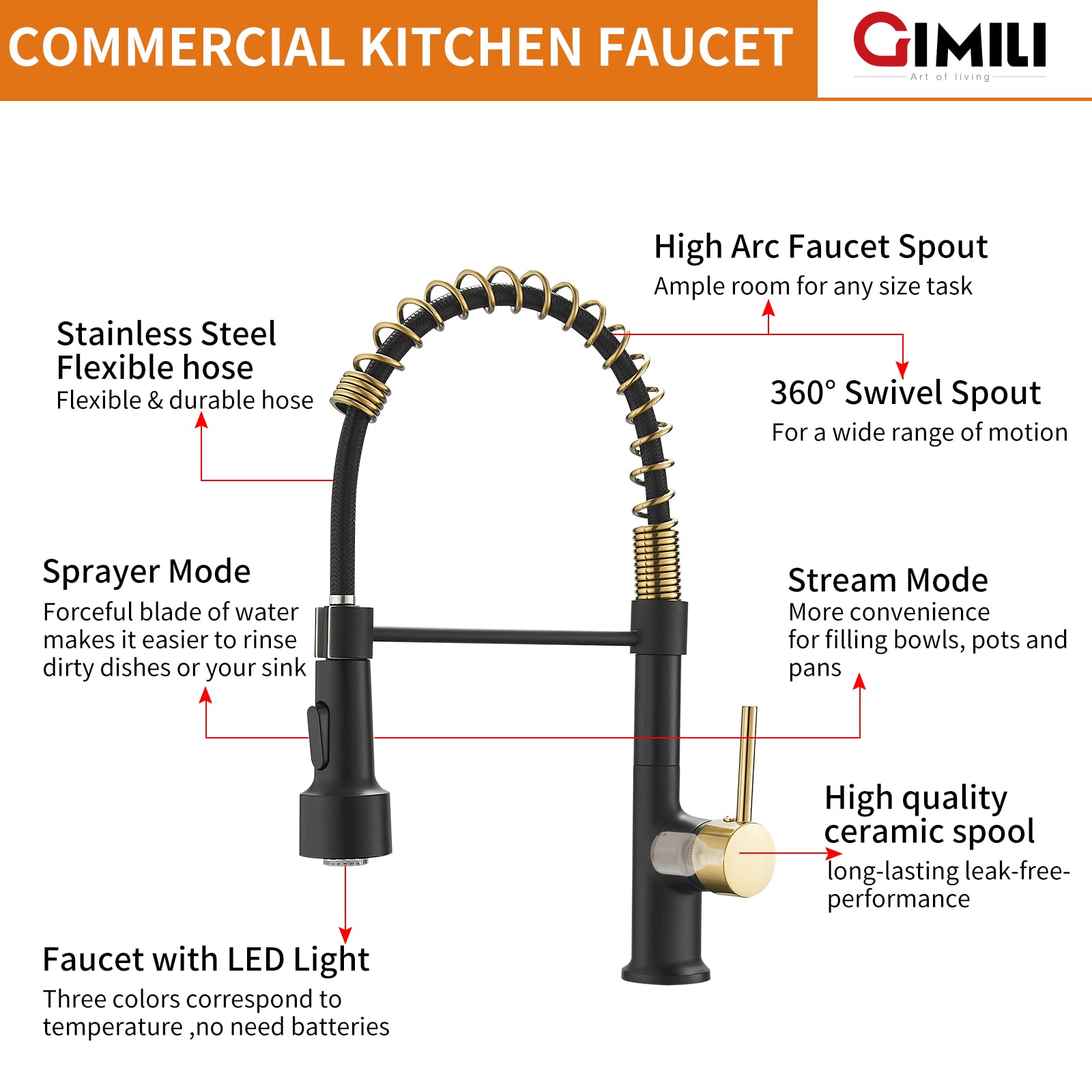 GIMILI Black and Gold Kitchen Faucet with Pull Down Sprayer - LED Light Modern Sink Faucet for Home, Restaurant & Commercial Use