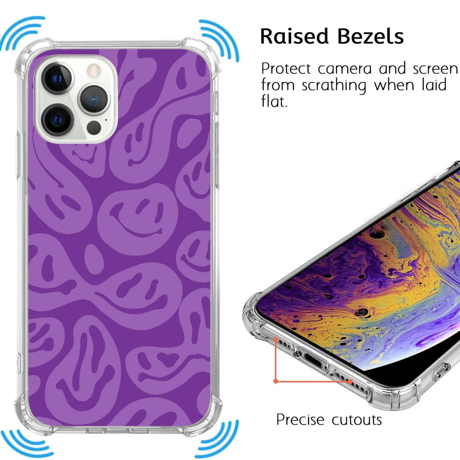 Trippy Aesthetic Purple Smile Face iPhone 12 Pro Max Case - Trendy Melting Design TPU Bumper Cover for Women Men Teens - Perfect for Music Festivals & Artistic Lifestyle