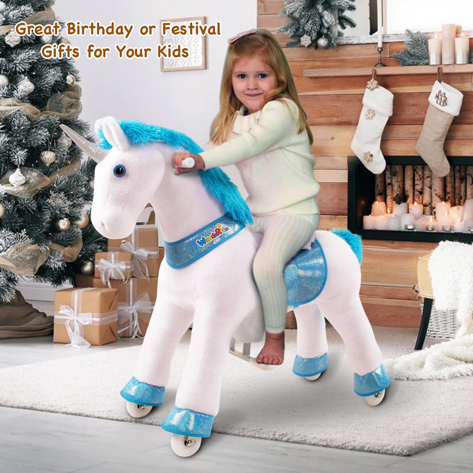 WondeRides Blue Unicorn Rocking Horse Toy for Kids - 30.1 Inch Plush Mechanical Riding Pony with Wheels, Ages 3-5 Years | Perfect for Indoor Play, Birthday Gifts & Toddler Motor Skill Development