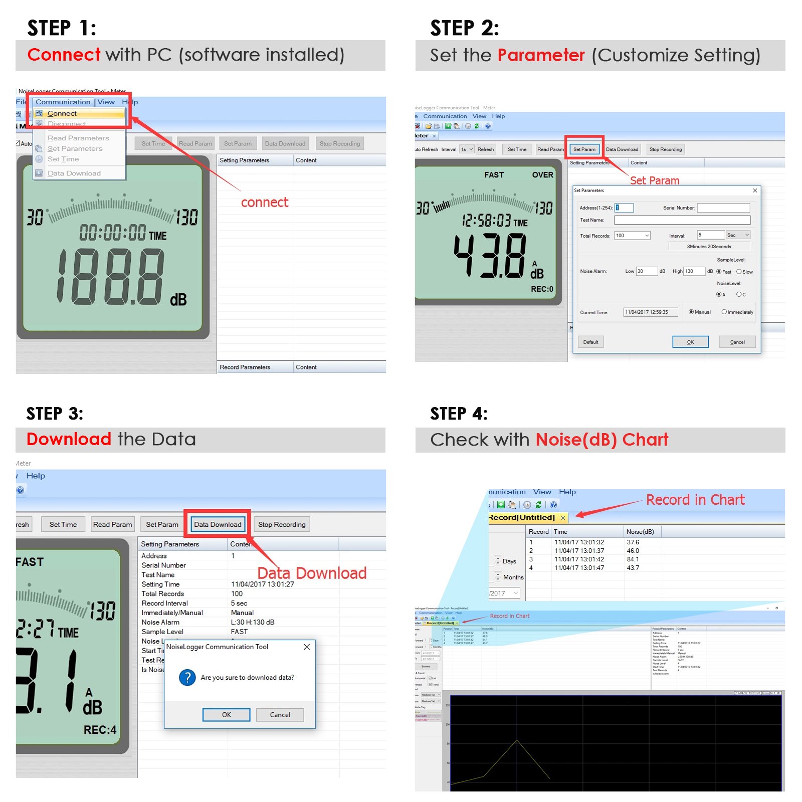 Professional Decibel Meter Sound Level Tester 30-130dB with Data Logger & Backlit LCD - Noise Measurement for Home, Workplace, and Industrial Use - Includes CD Software for Audio Analysis