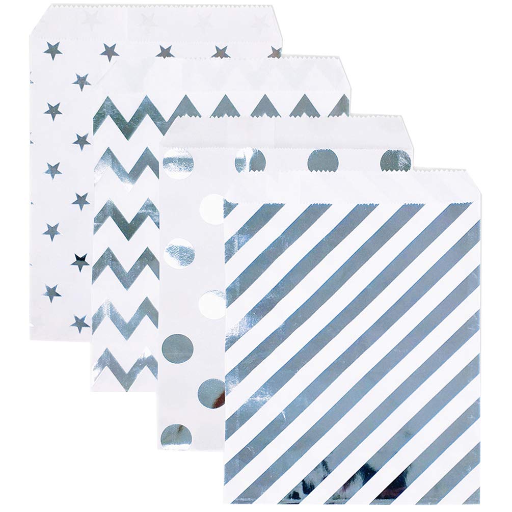 100 Pcs Silver Polka Dot Candy Buffet Bags - 5x7 Inch Small Wedding Party Favor Bags for Cookies, Treats & Candy - Perfect for Birthday Celebrations, Baby Showers & Bridal Events