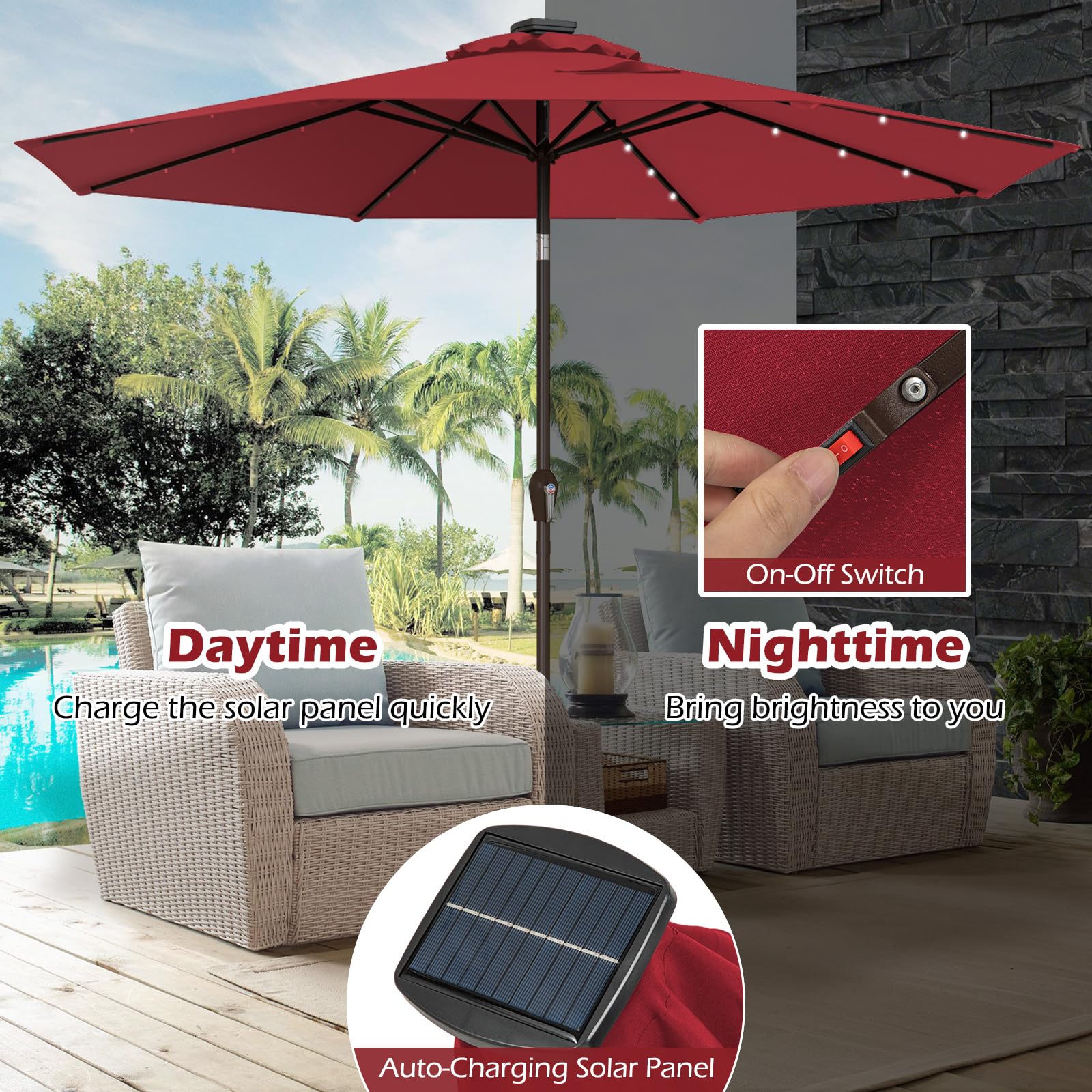 Giantex 9ft/10ft Solar LED Patio Umbrella with Crank & Tilt System - Outdoor Market Umbrella for Backyard, Deck, Pool & Beach - Perfect for Dining, Lounging & Outdoor Entertaining