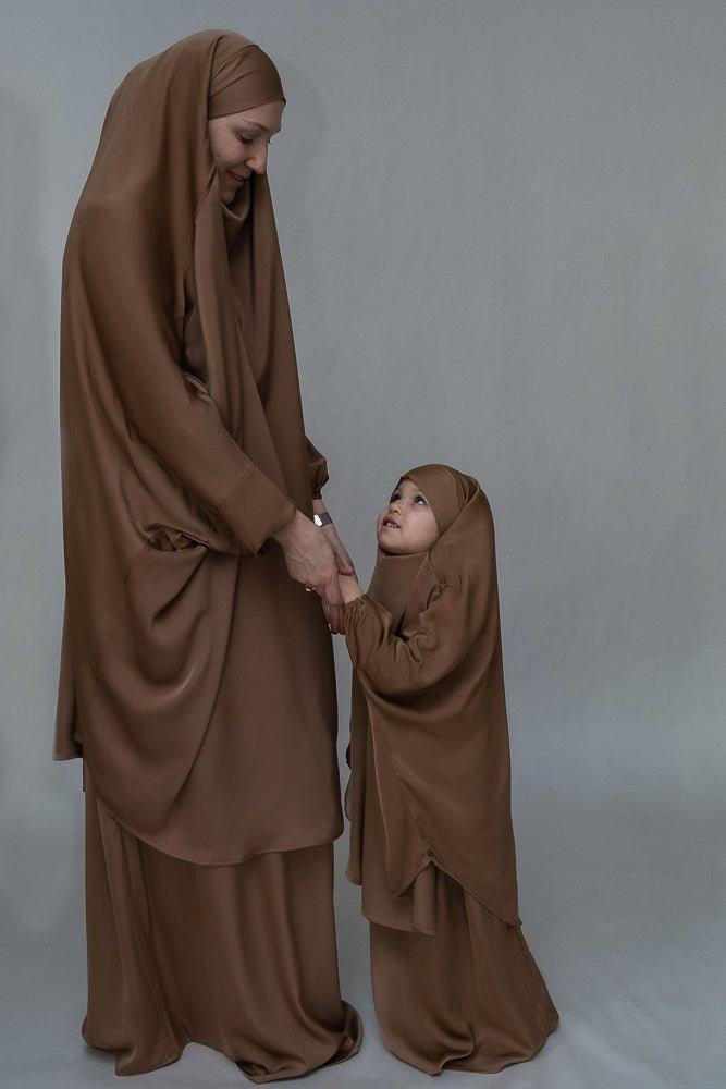 Mommy and Me Prayer Khimar - Modest Brown Islamic Prayer Dress for Women & Girls | Perfect for Salah, Eid, Mosque & Family Prayer Time