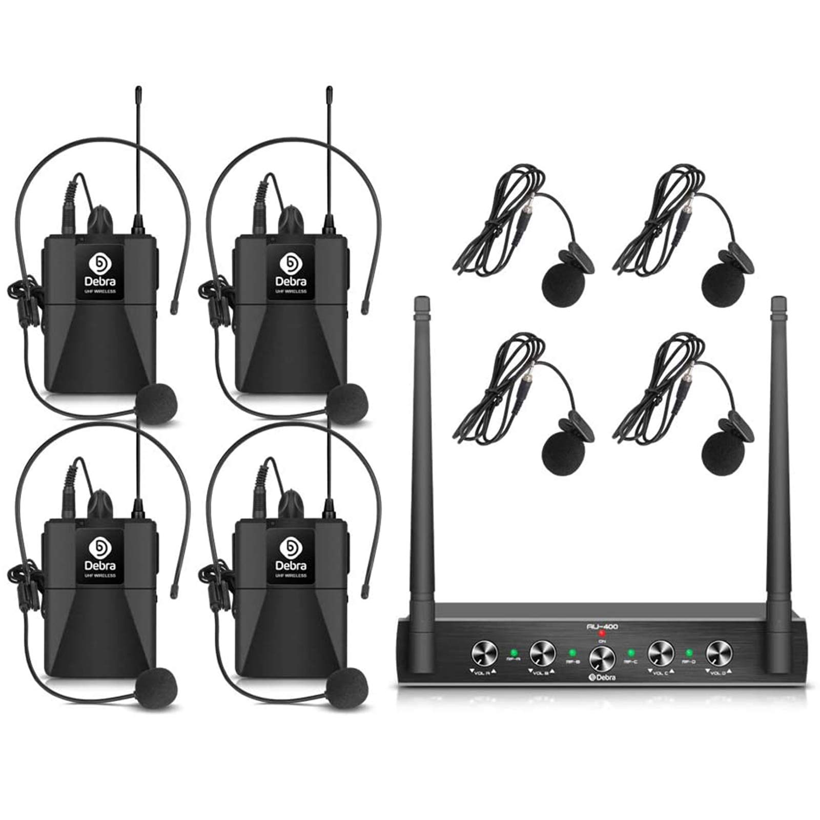 Debra Audio Pro UHF 4 Channel Wireless Microphone System with 4 Cordless Handheld/Lavalier/Headset Mics - Metal Receiver for Karaoke, Church, Party, Events & Stage Performances | Perfect for Singing, Public Speaking & Live Performances