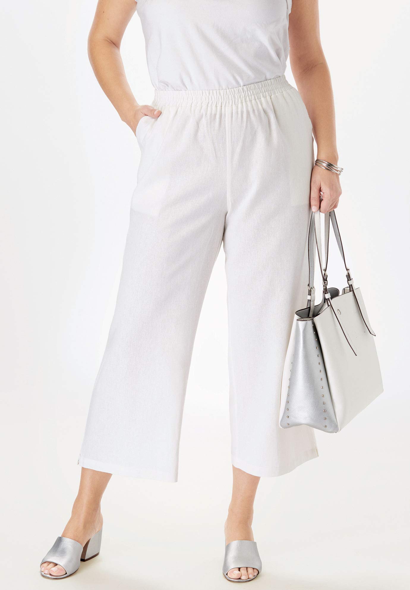 Jessica London Women's Plus Size Wide Leg Linen Crop Pants - Elastic Waist Comfort Fit for Summer - Perfect for Casual Outings, Beach Vacations & Office Wear