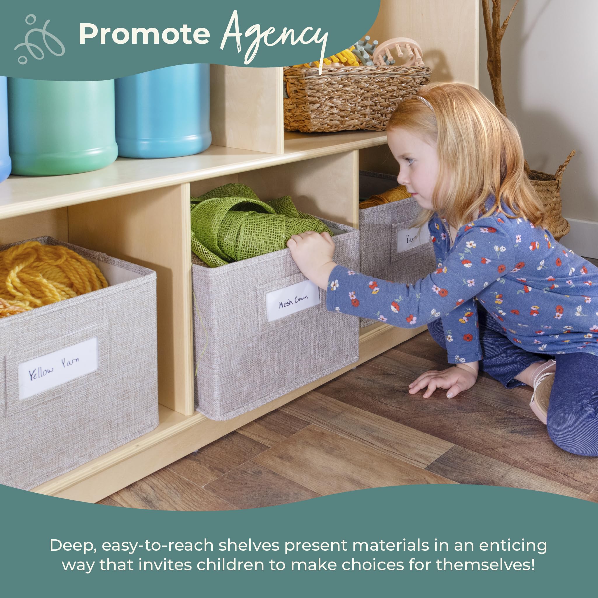 Guidecraft EdQ Three Shelf Wooden Storage Unit with 3 Fabric Bins - Kids Bookshelf & Toy Organizer for Homeschool, Classroom, Playroom & Bedroom Organization