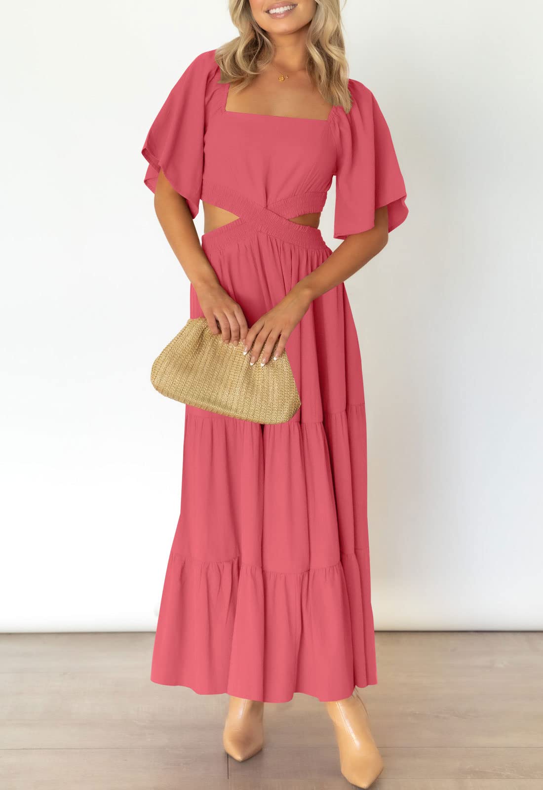 LEANI Women's 2025 Summer Cutout Maxi Dress - Square Neck Short Sleeve Crossover Waist Casual Party Dress for Beach Vacation, Wedding Guest & Date Night Outfits