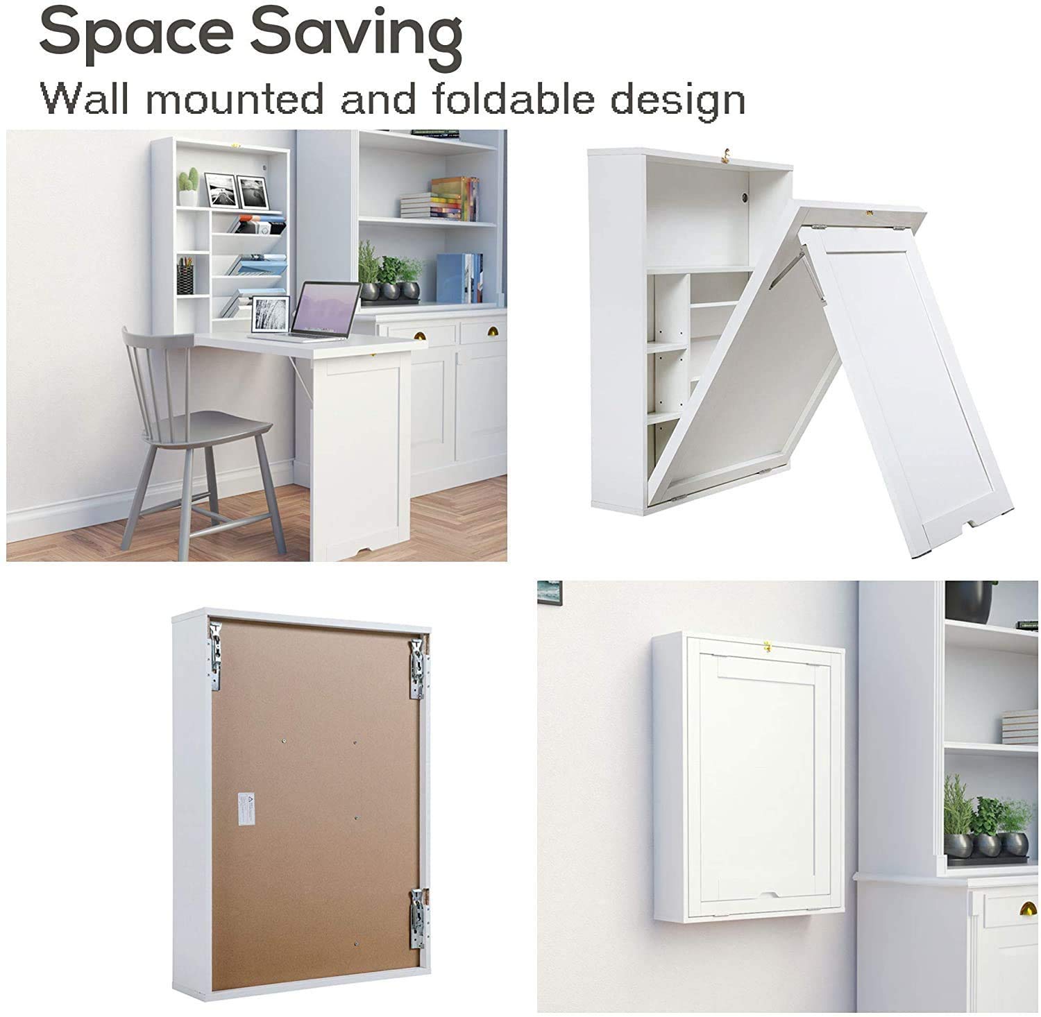 Space Saving Wall Mounted Desk - Convertible Floating Desk with Storage Shelf, Multi-Function Fold Out Computer Desk for Home Office (White) - Perfect for Small Spaces, Apartments & Dorm Rooms