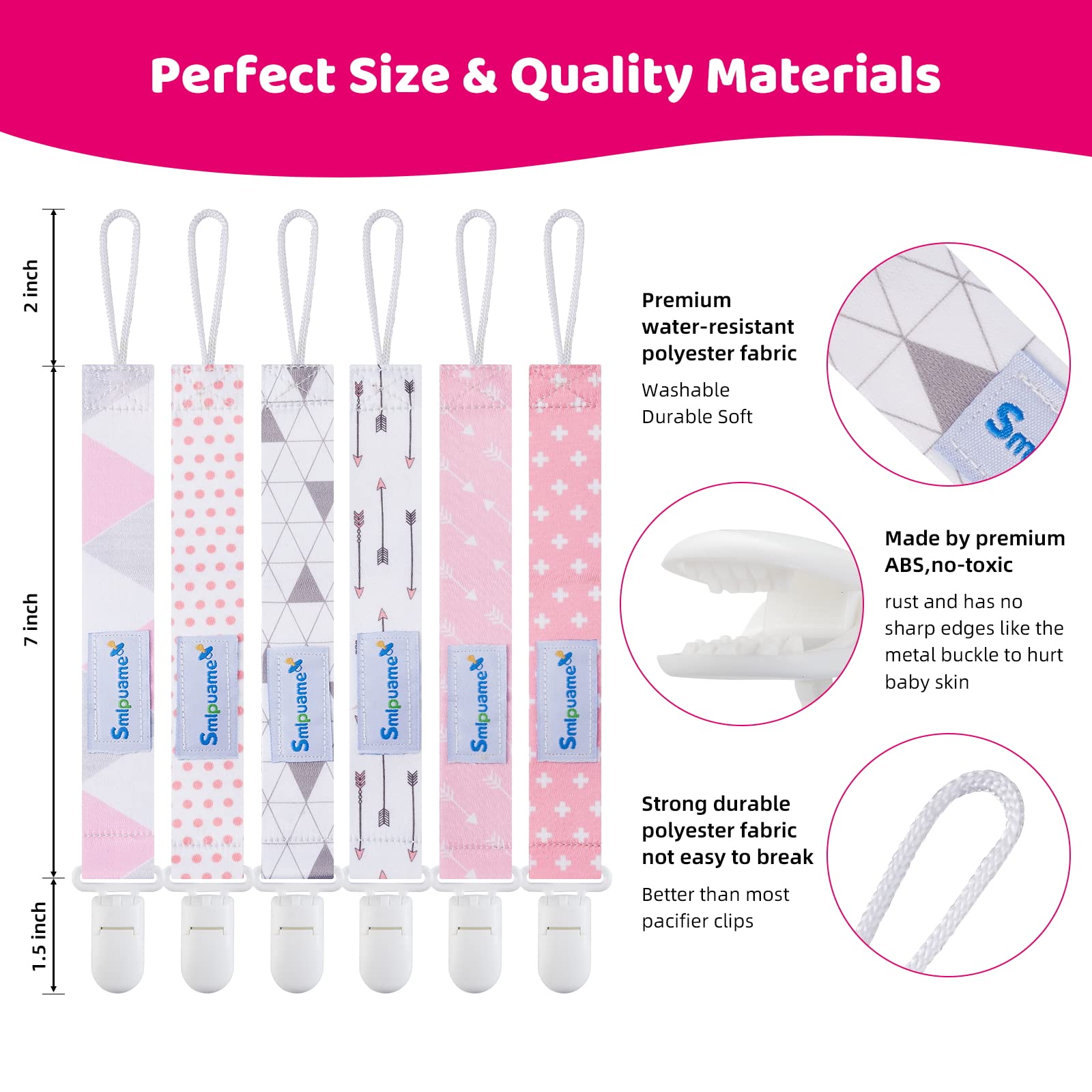 6 Pack Stylish Pacifier Clips for Baby Girls - Universal Binky Holder with Lightweight Clip, Fits Most Pacifiers & Teethers - Perfect Baby Shower Gift (Pink & Grey) - Ideal for On-the-Go, Daycare & Travel Use
