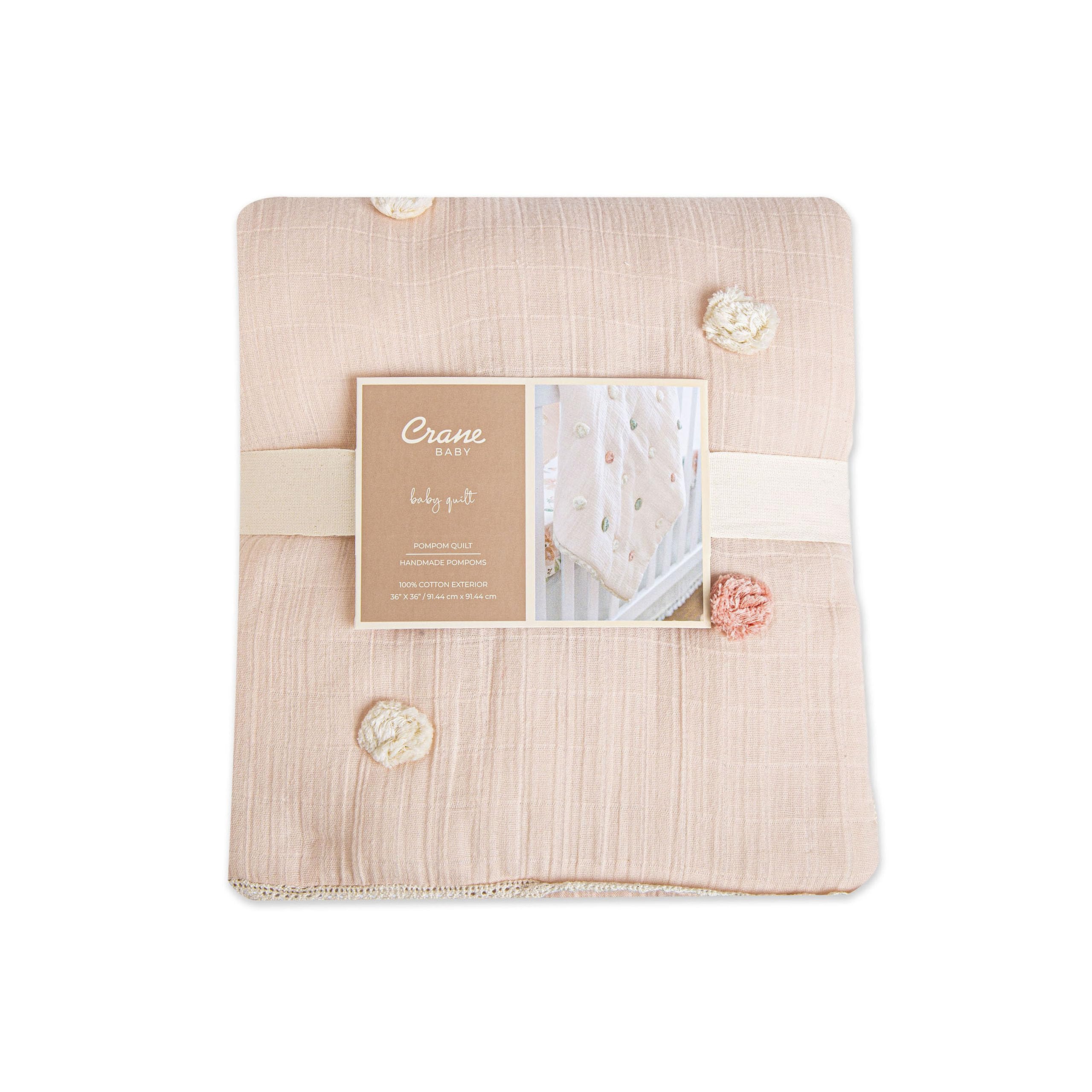 Soft Cotton Crane Baby Blanket with Pom Poms - 36