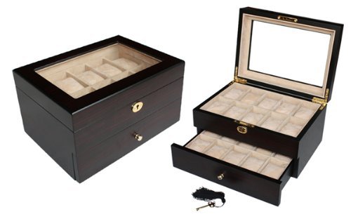 20-Piece Ebony Walnut Wood Watch Box for Men - Luxury Display Case with Glass Top for Watches & Jewelry Storage - Perfect Father's Day Gift for Watch Collectors & Groomsmen