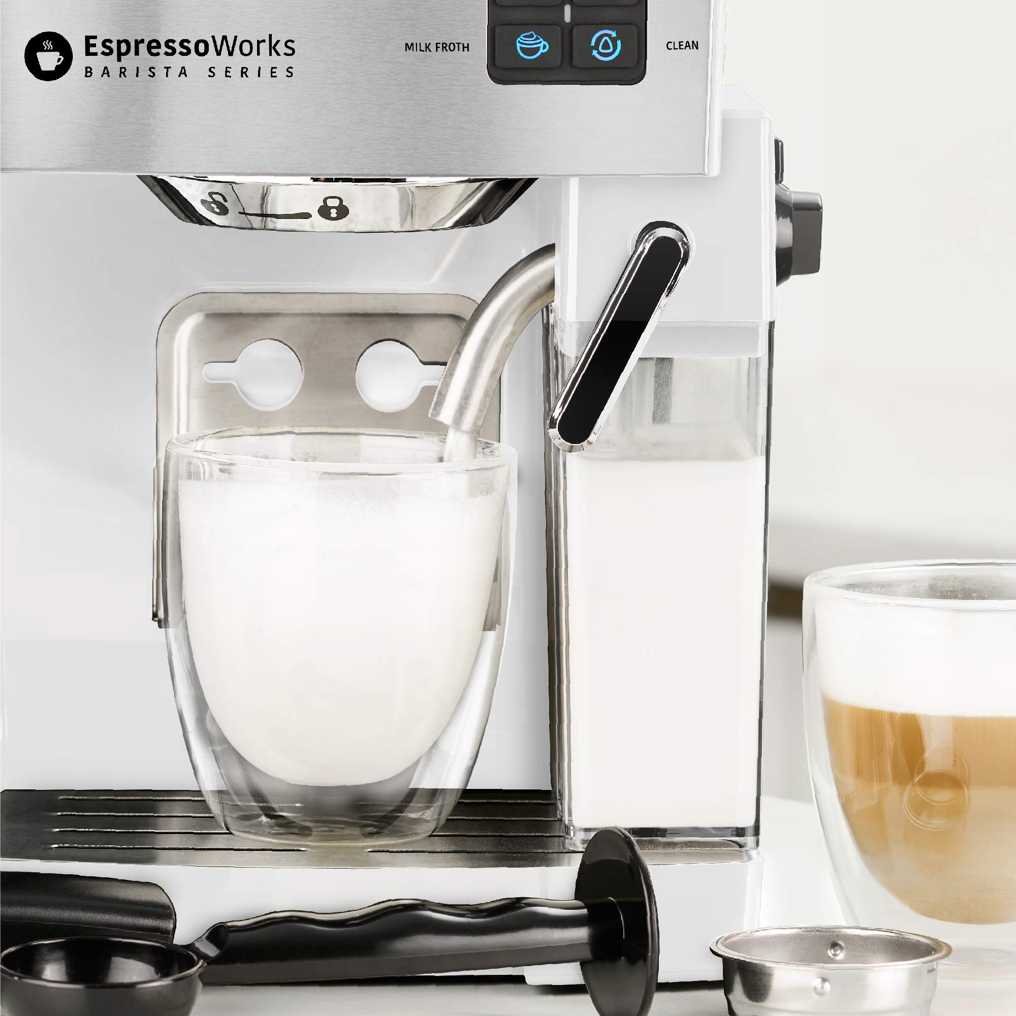 EspressoWorks 19-Bar Professional Espresso Machine with Milk Frother - 10-Piece Coffee Maker Set for Latte & Cappuccino - 1250W One-Touch Brewing System - Perfect White Coffee Machine for Home & Office Use