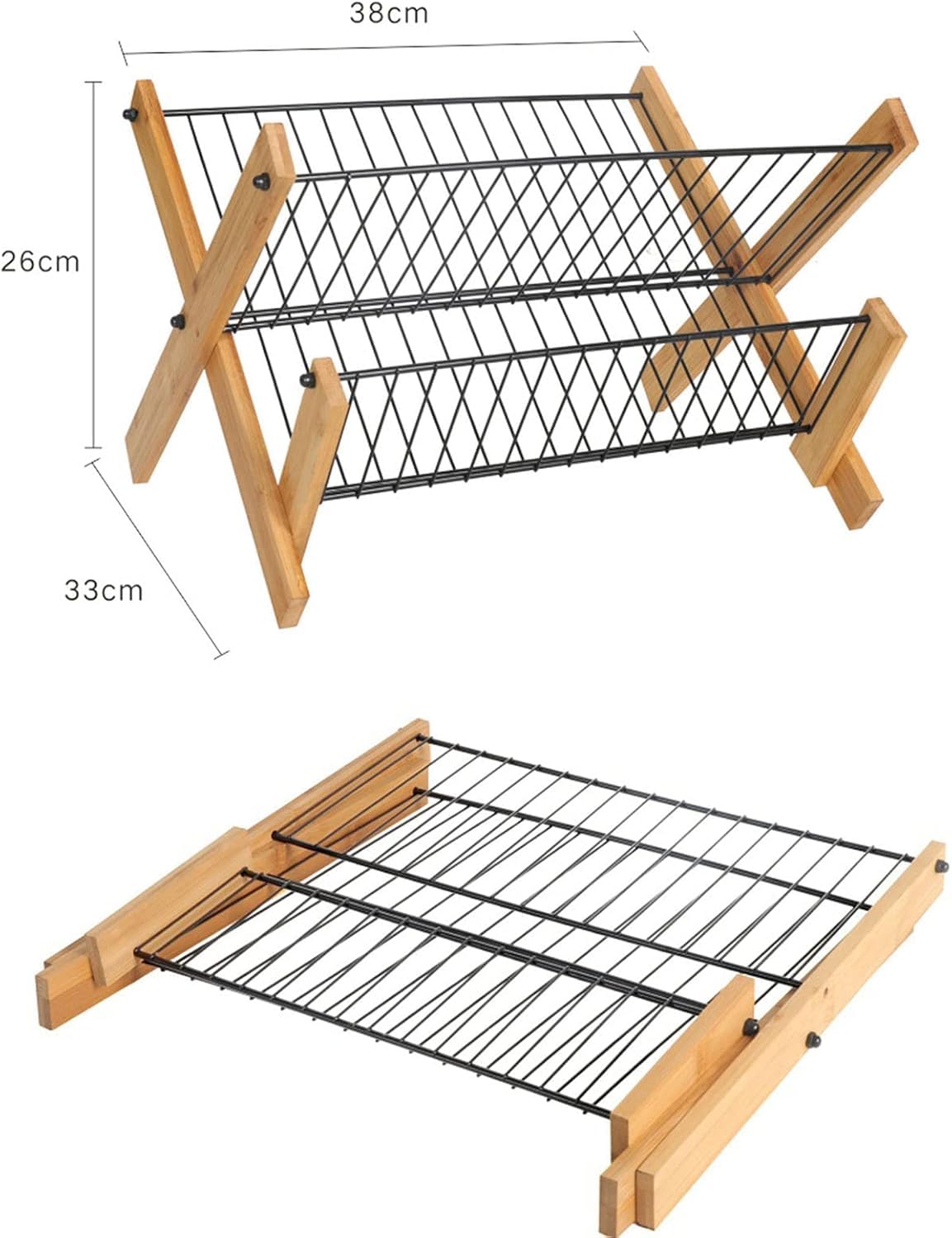 Premium 2-Tier Foldable Bamboo Dish Drying Rack with Stainless Steel Frame - Space Saving Kitchen Counter Organizer for Plates, Bowls & Utensils - Perfect for Small Apartments, RVs & Compact Kitchens (Model SS-01)