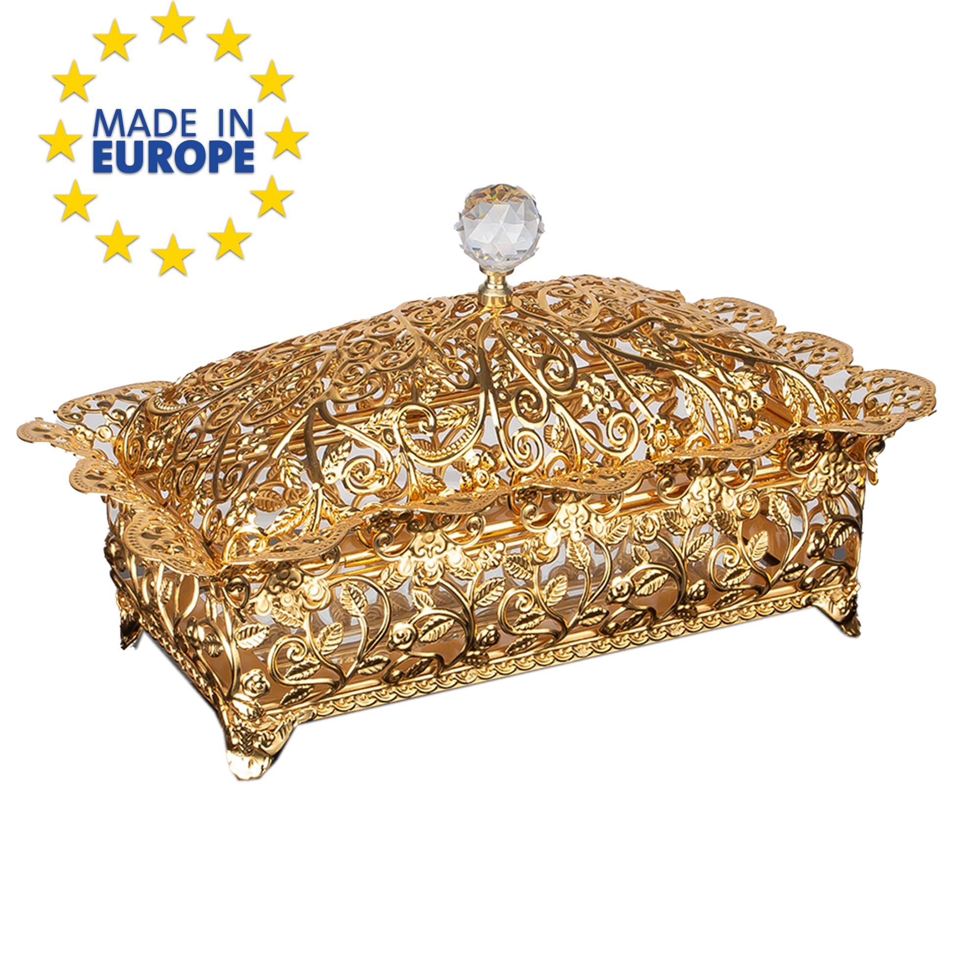 Handmade Gold Rectangle Candy Dish with Glass Lid & Crystal Top - Elegant Sugar Serving Bowl for Office Desk, Home Decor, and Party Dessert Display