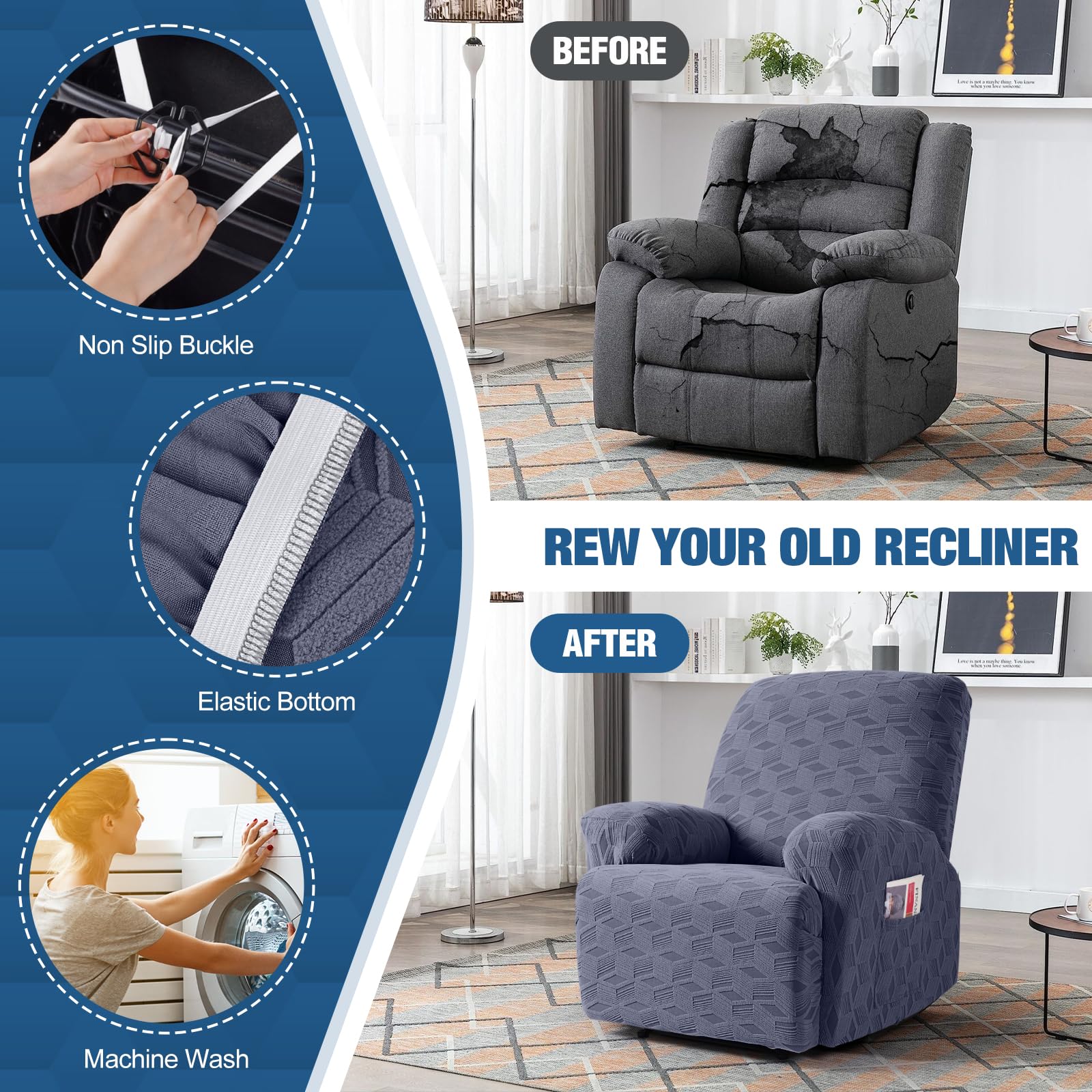 TAOCOCO Oversized Recliner Cover - Stretch Jacquard Reclining Chair Slipcover with Elastic Bottom, Furniture Protector for Sofa & Couch - Pet & Kid Friendly - Grey - Perfect for Living Room, Home Theater & Family Gatherings