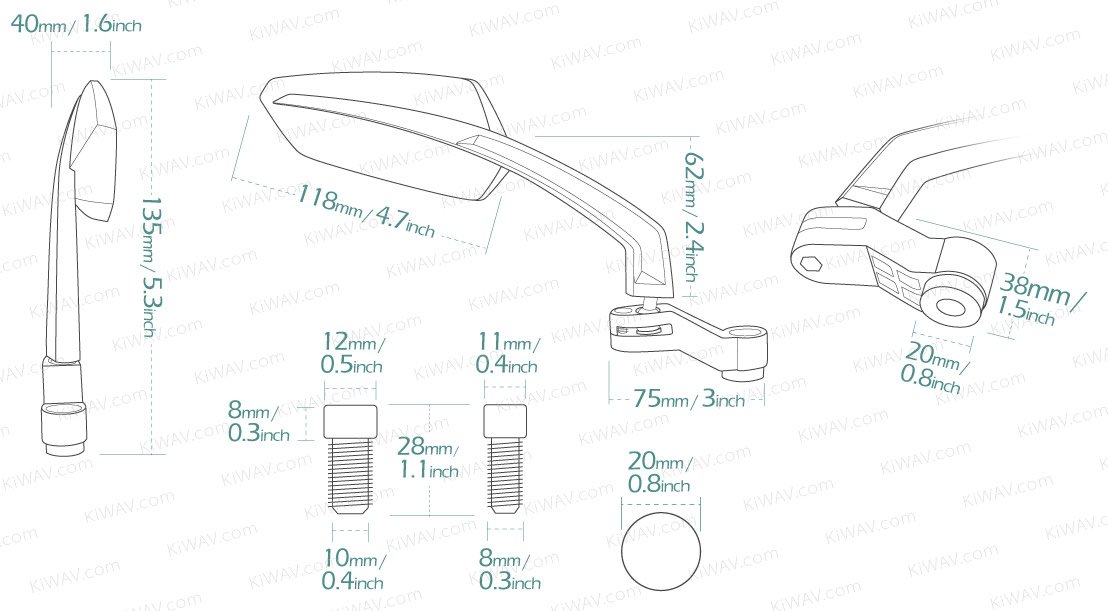 KiWAV Motorcycle Mirrors - Tulip Green with 8mm & 10mm Adapters for Harley, Honda, Yamaha - Enhanced Rear View Safety for Cruisers & Street Bikes