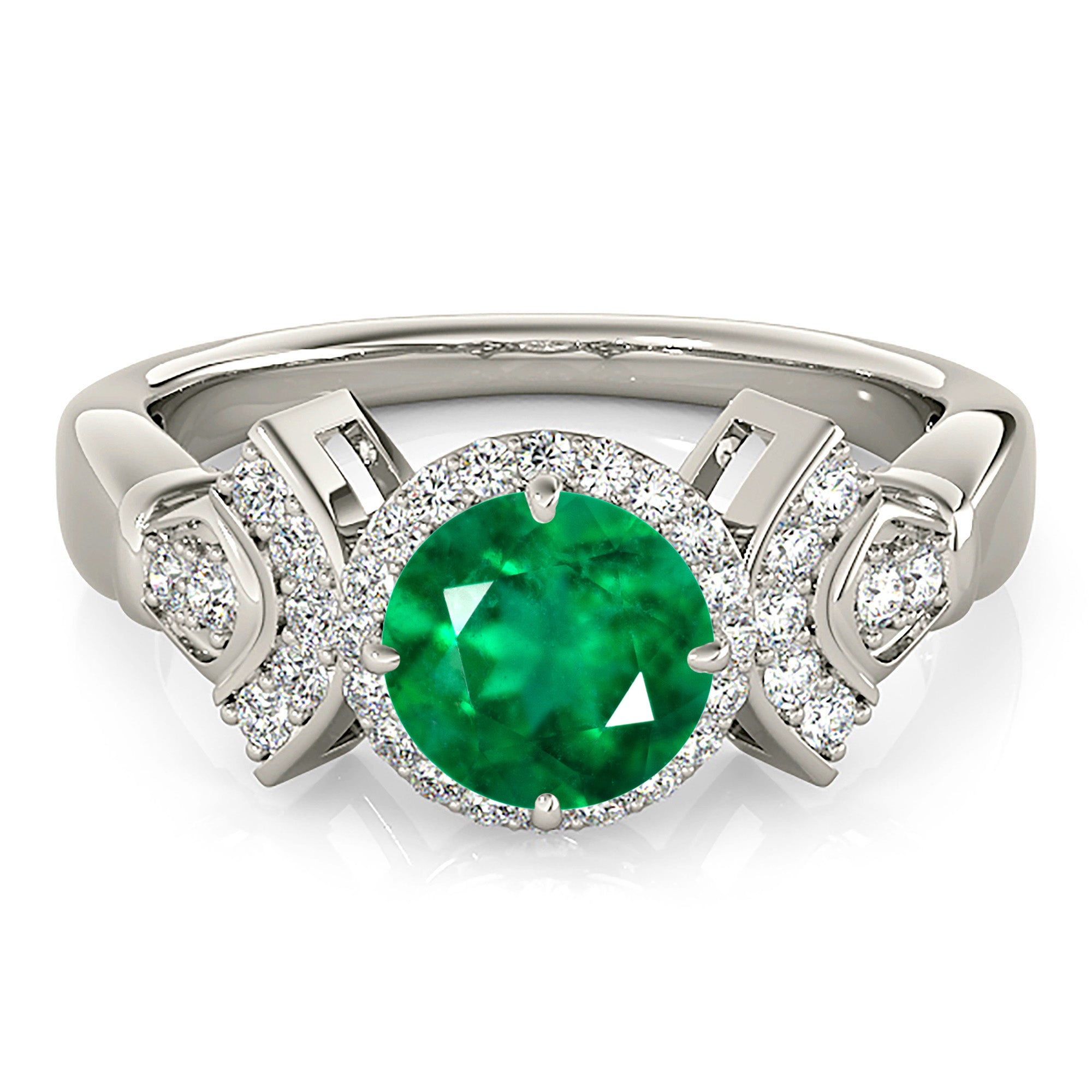 1.70 Carat Genuine Emerald Ring with Halo & Diamond Accent Band - Elegant Wedding, Engagement & Anniversary Jewelry Gift for Women