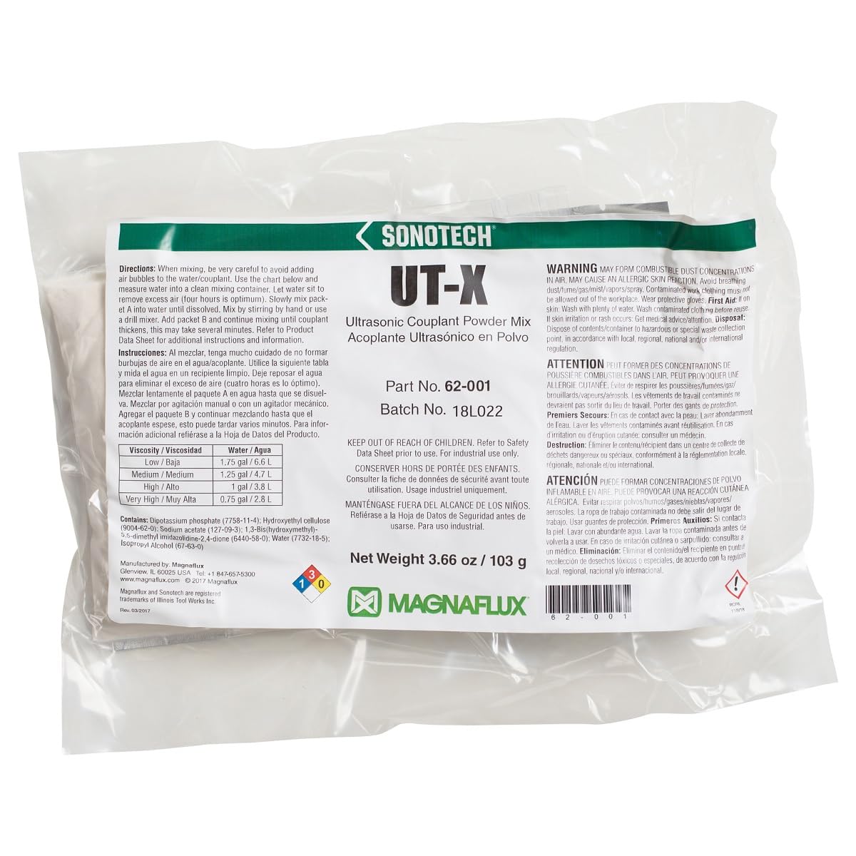 Sonotech UT-X Powder Ultrasonic Couplant - Makes 1 Gallon (62001) | High-Performance Couplant for NDT Testing | Ideal for Industrial Ultrasonic Inspections & Weld Testing