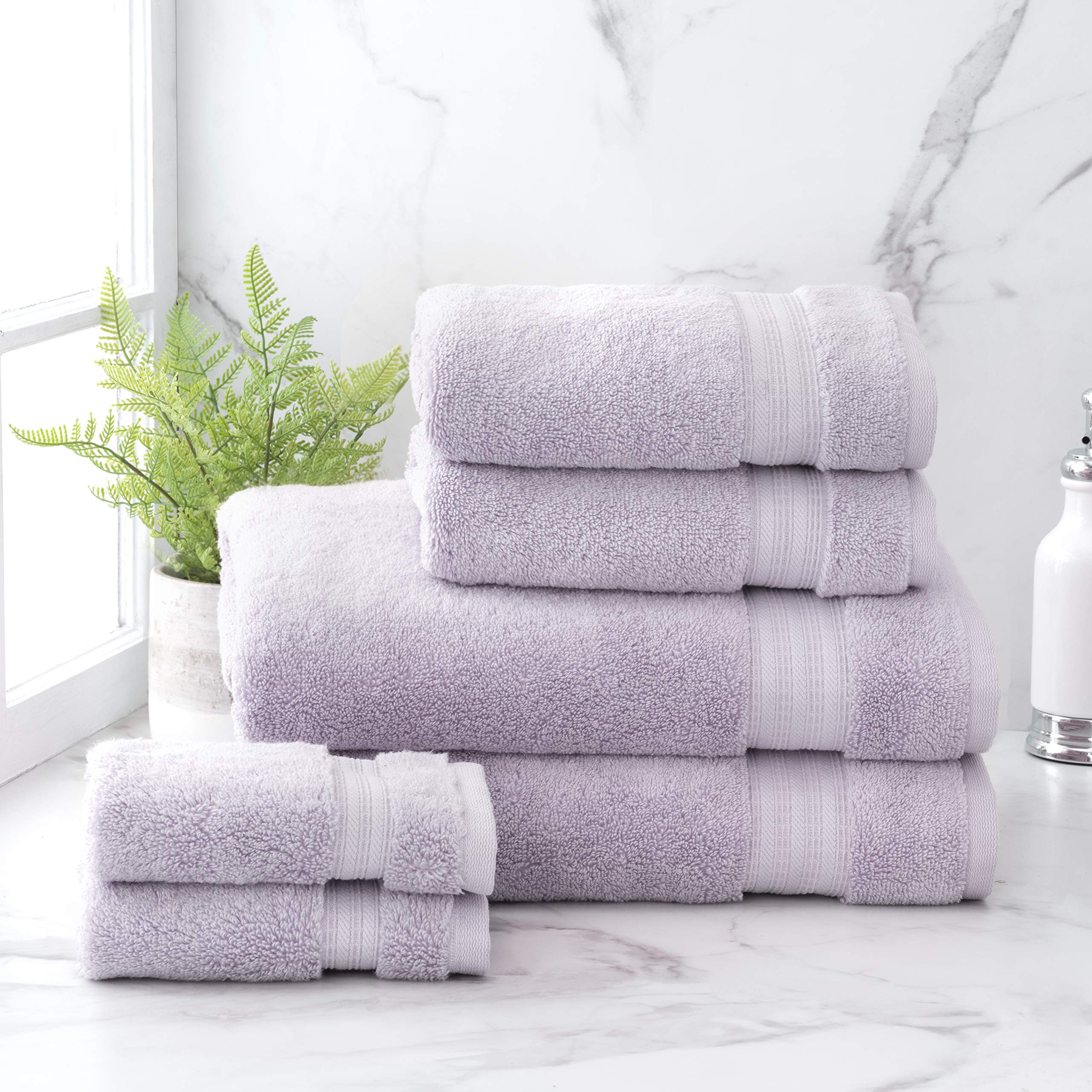 Welhome 6-Piece Bamboo Cotton Rayon Bath Towel Set (Lilac) - Ultra Soft & Absorbent - Fade & Shrink Resistant - Includes 2 Bath, 2 Hand & 2 Wash Towels - Perfect for Spa, Guest Bathroom & Luxury Home Decor
