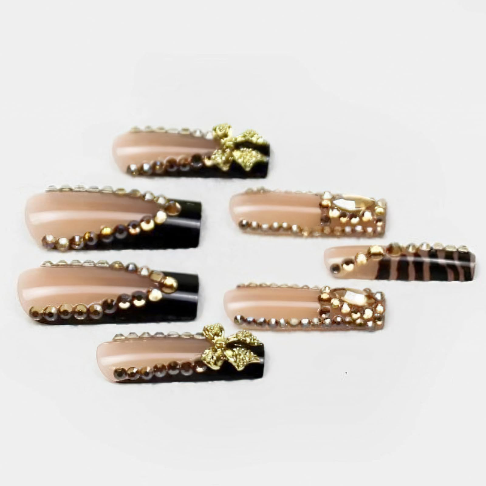 24Pcs Black French Press on Nails with Gold Rhinestone & Bow Charms - Long Square Coffin Fake Nails, Glossy Leopard Print French Tip Acrylic Nails for Women & Girls | Perfect for Parties, Weddings & Special Occasions