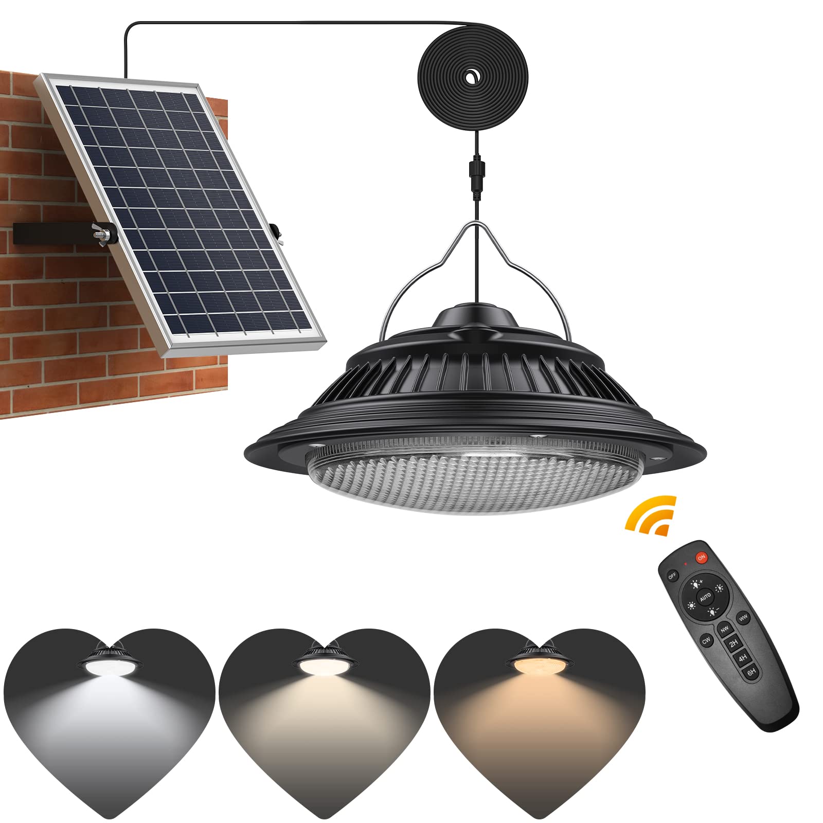 Solar Pendant Lights Indoor Outdoor - 3200K/4000K/6000K Dimmable Solar Hanging Lights with Remote & ON/OFF Switch for Home, Barn, Garage, Chicken Coop - Perfect for Patio, Garden, Shed & Backyard Lighting