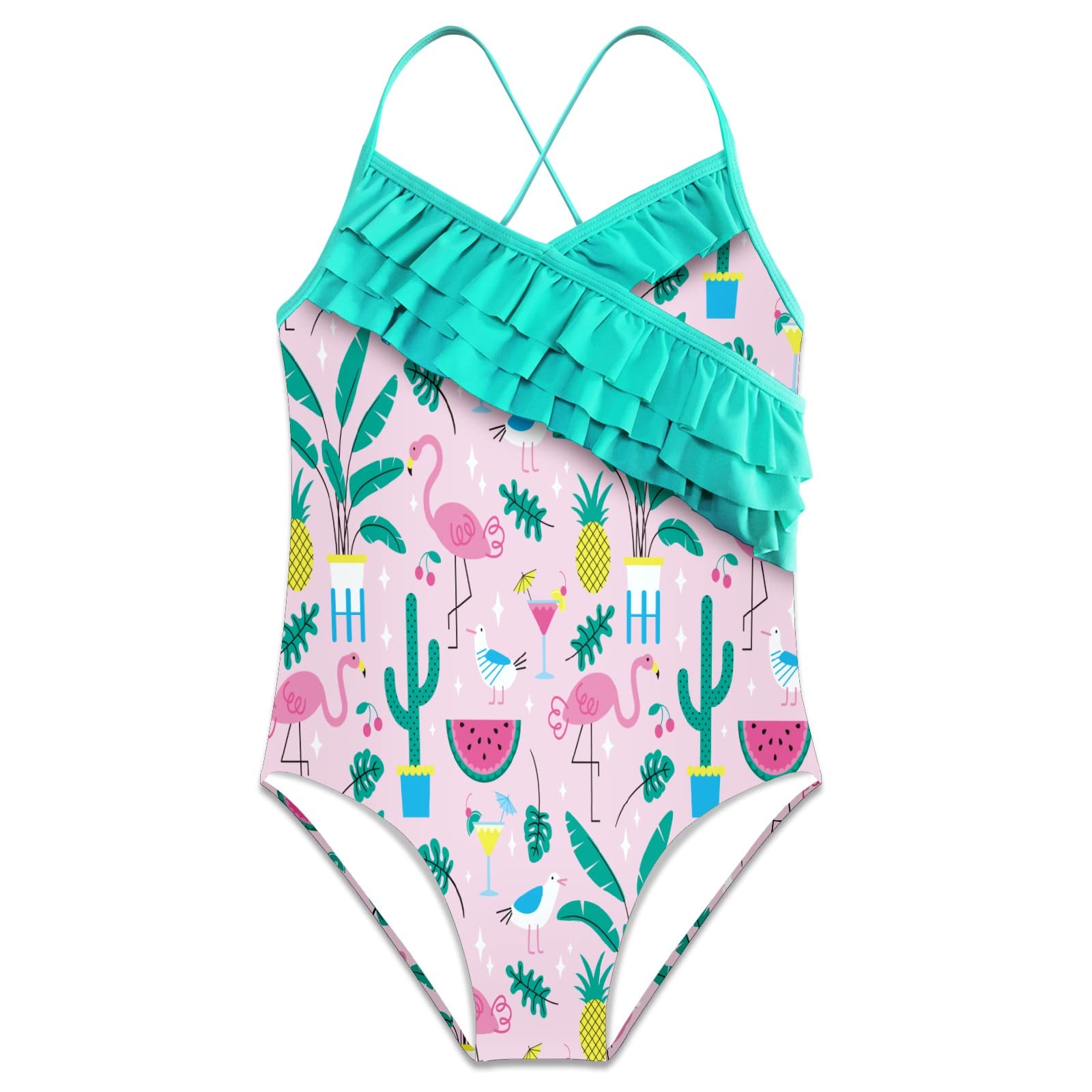 Hawaiian Flamingo Pineapple Girls One Piece Swimsuits - Ruffle Swimwear for Beach, Pool & Summer Vacation | Cute Bathing Suit for Kids