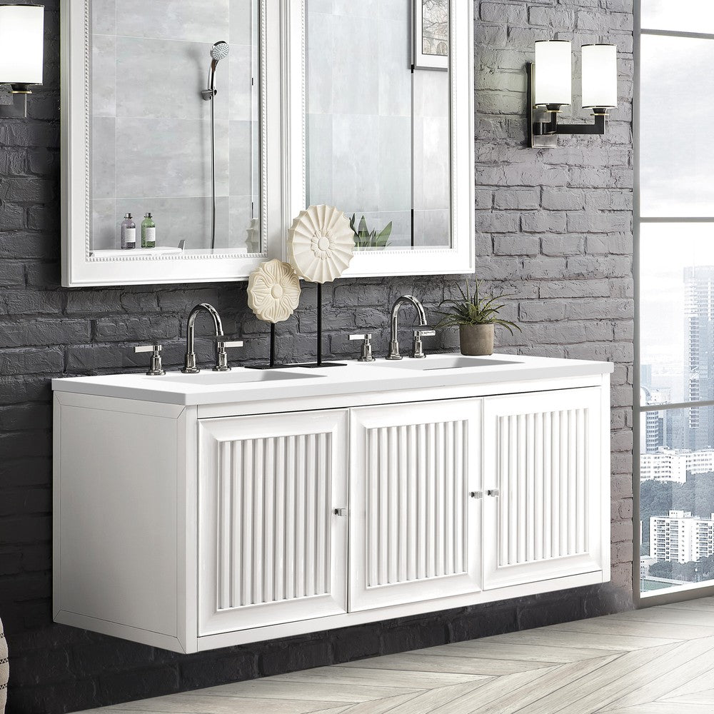 James Martin Vanities Athens Collection 60-Inch Double Bathroom Vanity in Glossy White with Solid Surface Countertop - Modern Bathroom Furniture for Master Bath & Guest Bath Remodeling