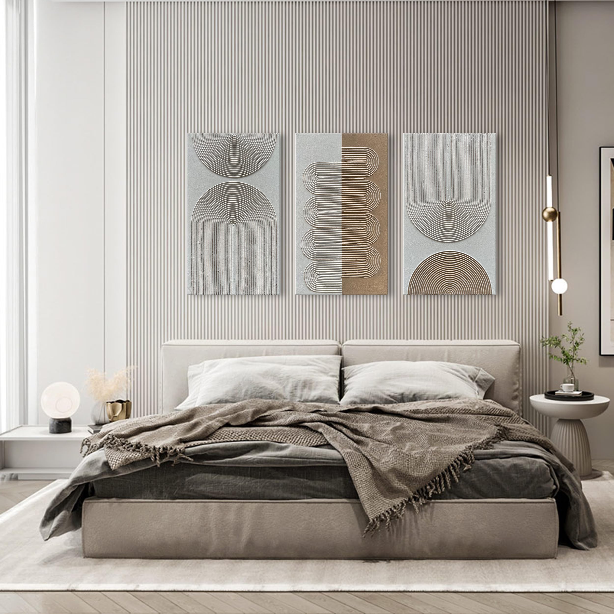 Hand-Painted Abstract Oil Painting Set of 3 - White & Brown Textured Contemporary Minimalist Wall Art (28x16 Inches) - Perfect for Living Room, Bedroom & Office Decor