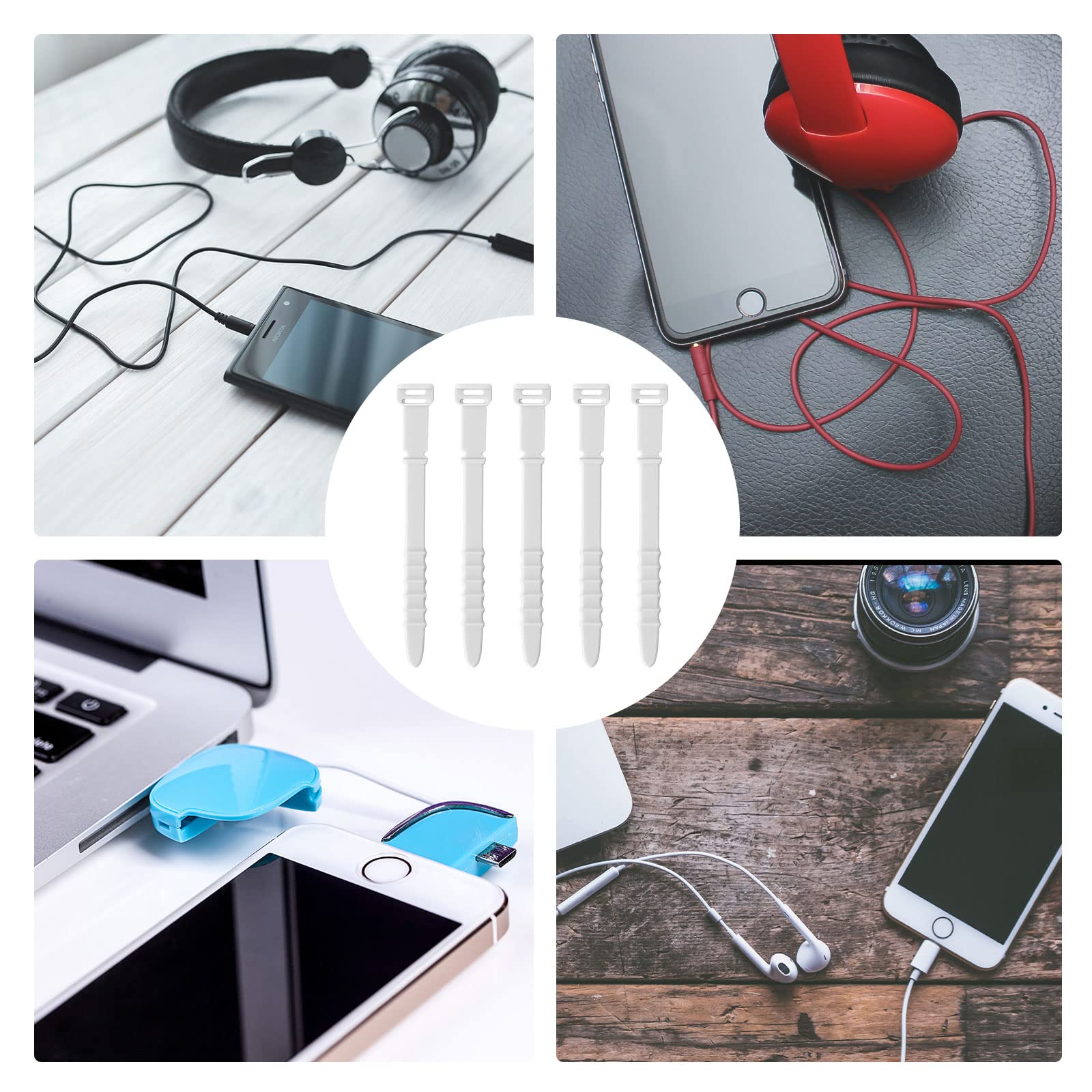 SAVITA 20pcs Reusable Silicone Cable Ties - 4.5inch Elastic Wire Organizer Straps for Charging Cables, USB Wires, Earphones, Pens & Keychains (White) | Perfect for Home Office, Travel & Electronics Organization