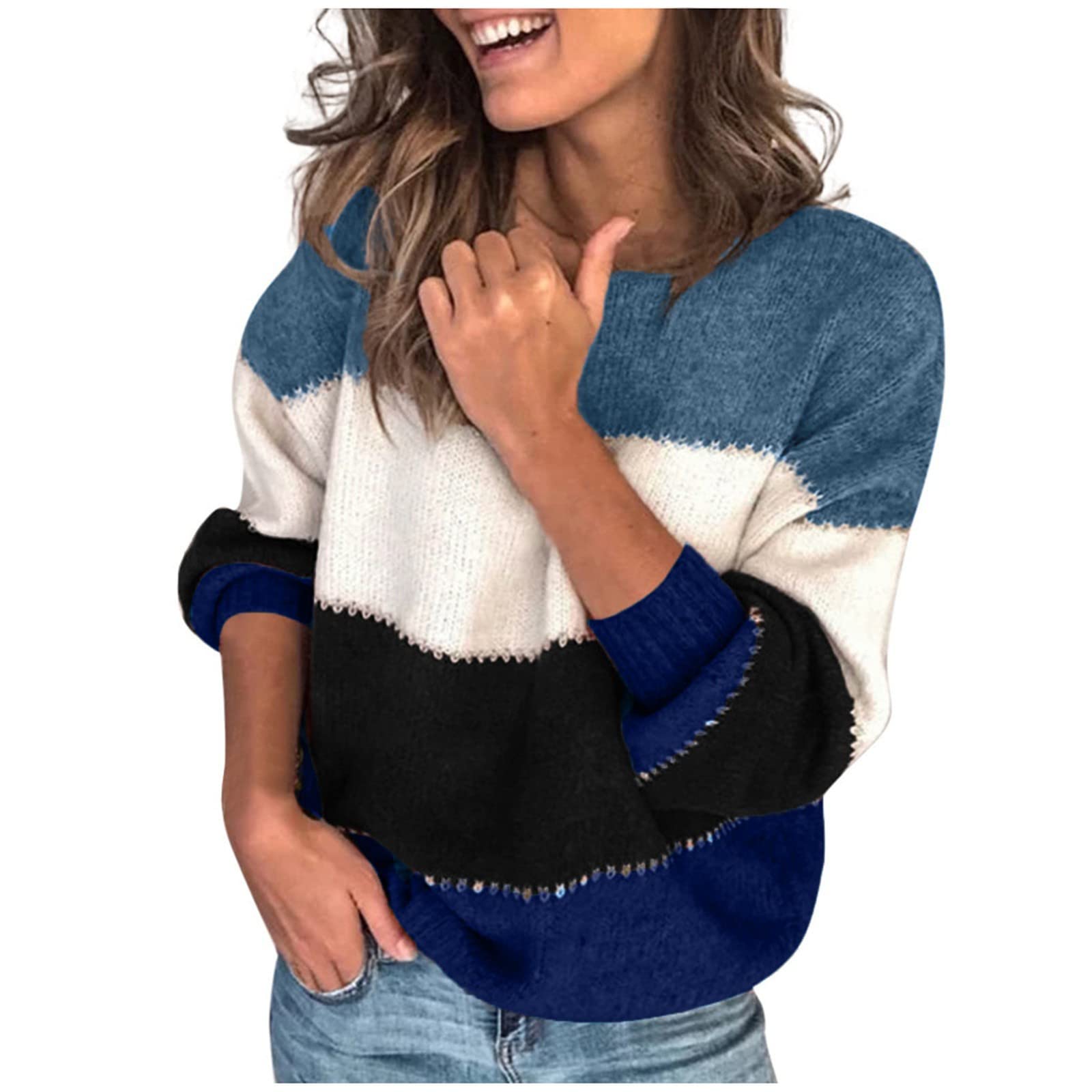 Women's Fashion Long Sleeve Striped Knit Sweater - Cozy Crew Neck Loose Pullover with Colorful Patchwork Design | Perfect for Fall Outfits, Casual Wear & Holiday Gatherings