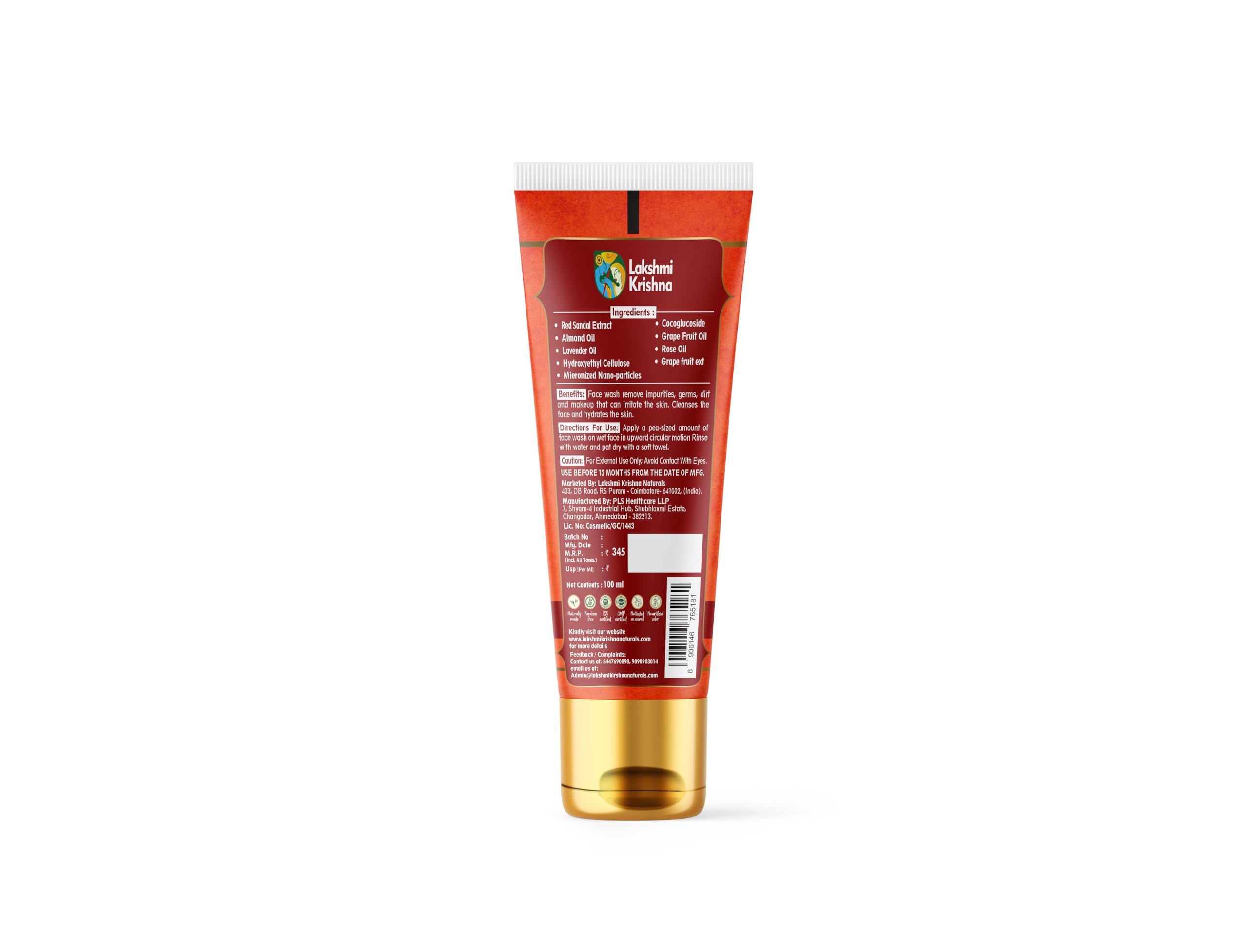 Lakshmi Krishna Red Sandalwood Exfoliating Face Wash - 100ml with Micronized Nano-Particles, Natural Red Sandalwood Extract, Hydroxyethyl Cellulose & Essential Oils (Rose, Grapefruit, Lavender) | Gentle Cleansing Scrub for All Skin Types | Perfect for Daily Skincare Routine & Acne-Prone Skin