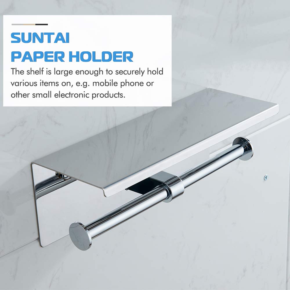 Premium 304 Stainless Steel Double Toilet Paper Holder with Shelf - Brushed Nickel Wall Mounted Bathroom Tissue Roll Dispenser | Space Saving Modern Design for Bathroom, Kitchen & RV