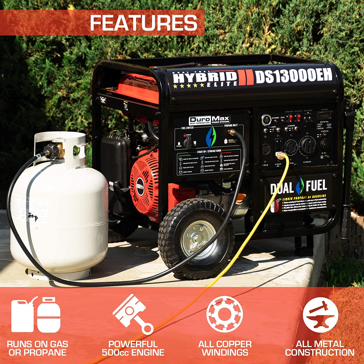 DuroMax DuroStar DS13000EH 13000W Dual Fuel Portable Generator with Electric Start - Red XP13000EH Version for Home Backup Power & Emergency Use