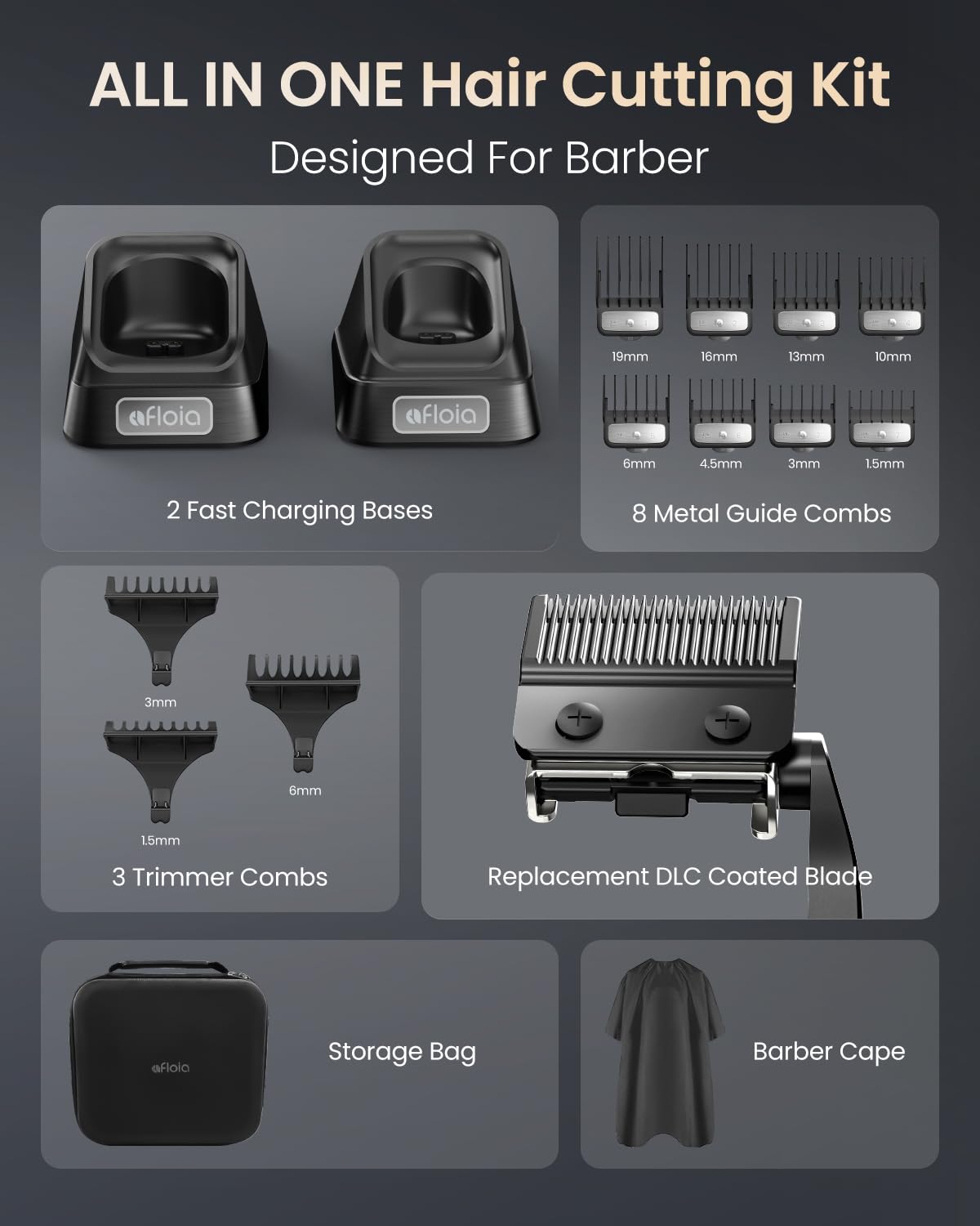 Premium Hair Clippers for Men - Afloia Professional Hair Cutting & Trimming Kit with Brushless Motor, DLC Coated Blades & Charging Stand - Perfect for Home Barbering, DIY Haircuts & Gifts for Husband, Dad