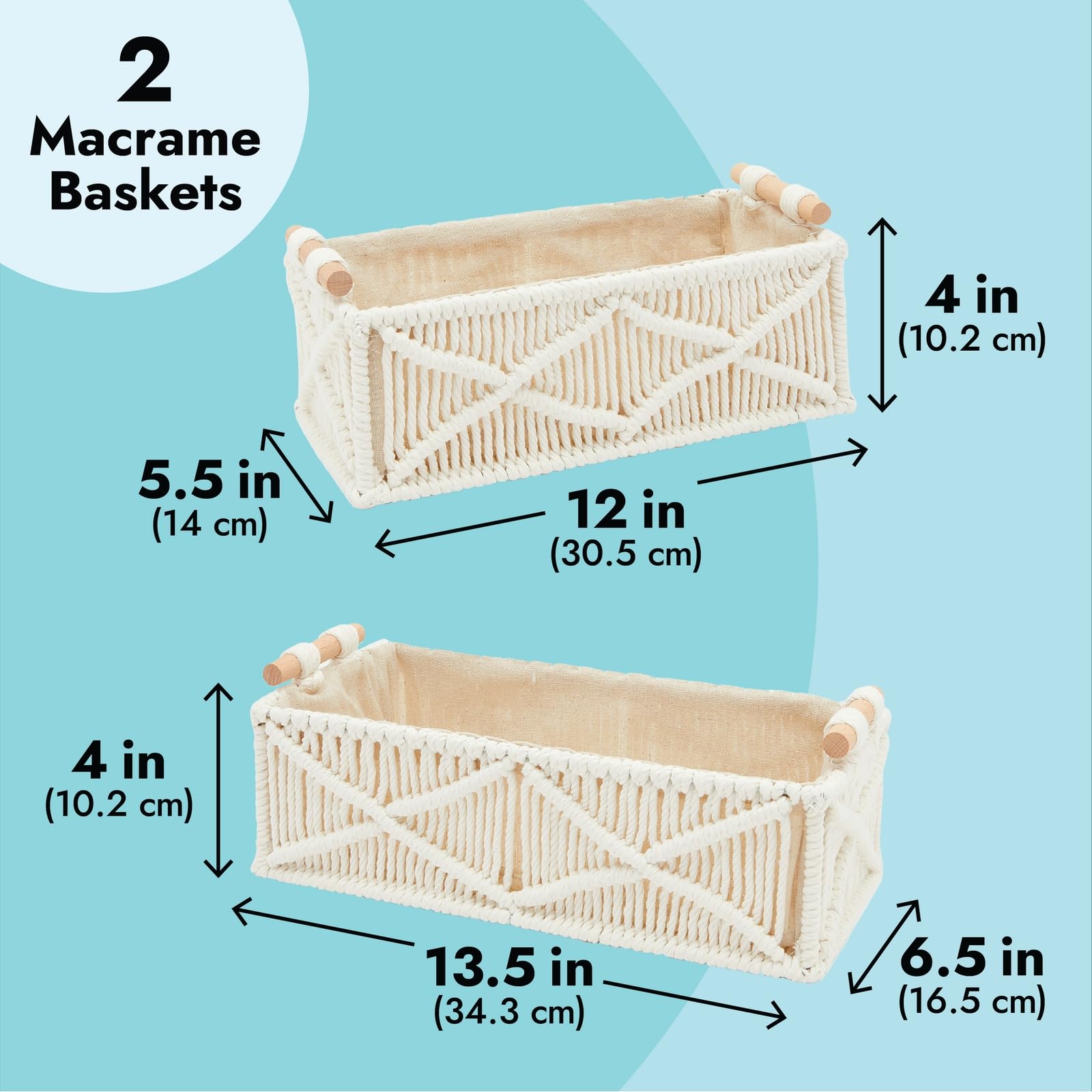 Okuna Outpost Set of 2 Macrame Storage Baskets with Wood Handles - Woven Home Decor Organizer Bins for Bedroom, Bathroom & Nursery (Ivory)