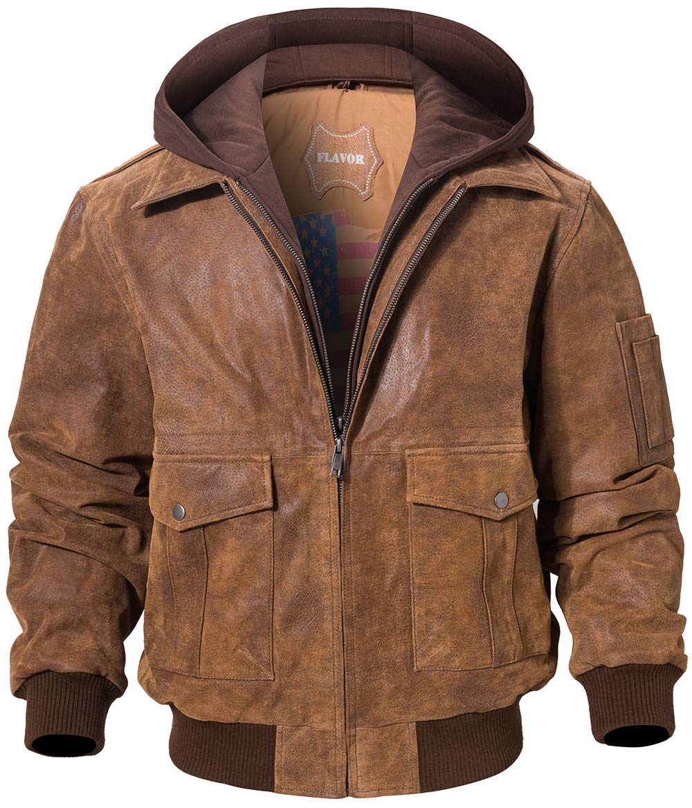 FLAVOR Men's Genuine Leather Flight Bomber Jacket - Classic Aviator Style Jacket for Air Force, Military & Casual Wear - Perfect for Outdoor Adventures, Motorcycle Riding & Winter Fashion