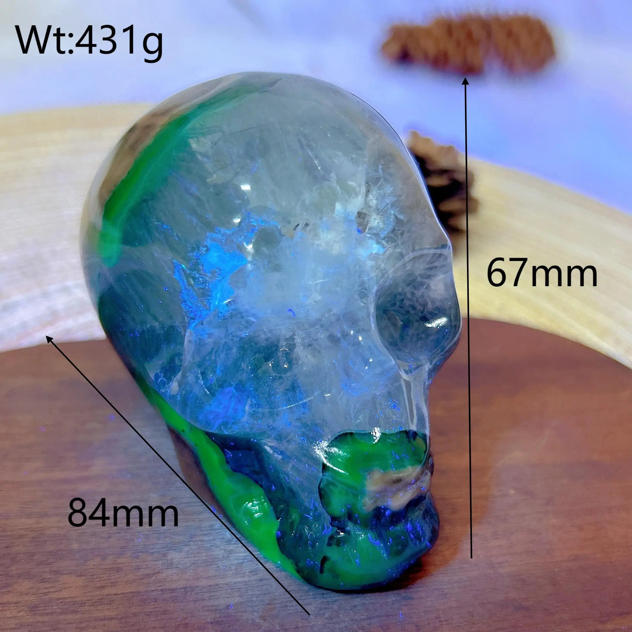 Natural Volcanic Agate Skull Carving with UV Light Effect - Green Flashy Healing Crystal for Energy, Home Decor & Spiritual Gifts | Perfect for Meditation, Feng Shui & Unique Gift Giving
