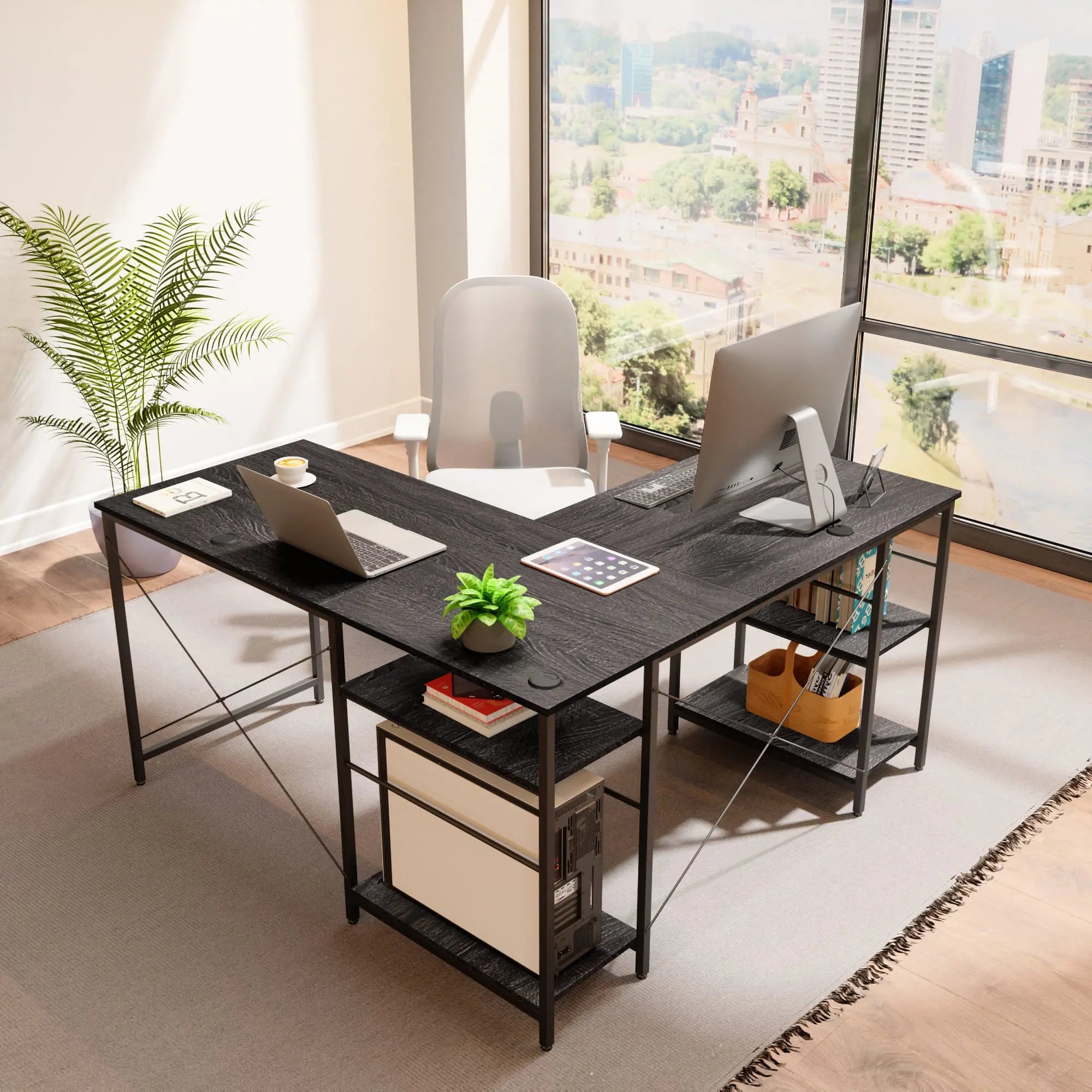 Bestier 86 Inch L-Shaped Computer Desk for Two - Home Office Gaming & Workstation with Large Workspace - Perfect for Couples, Roommates & Small Spaces