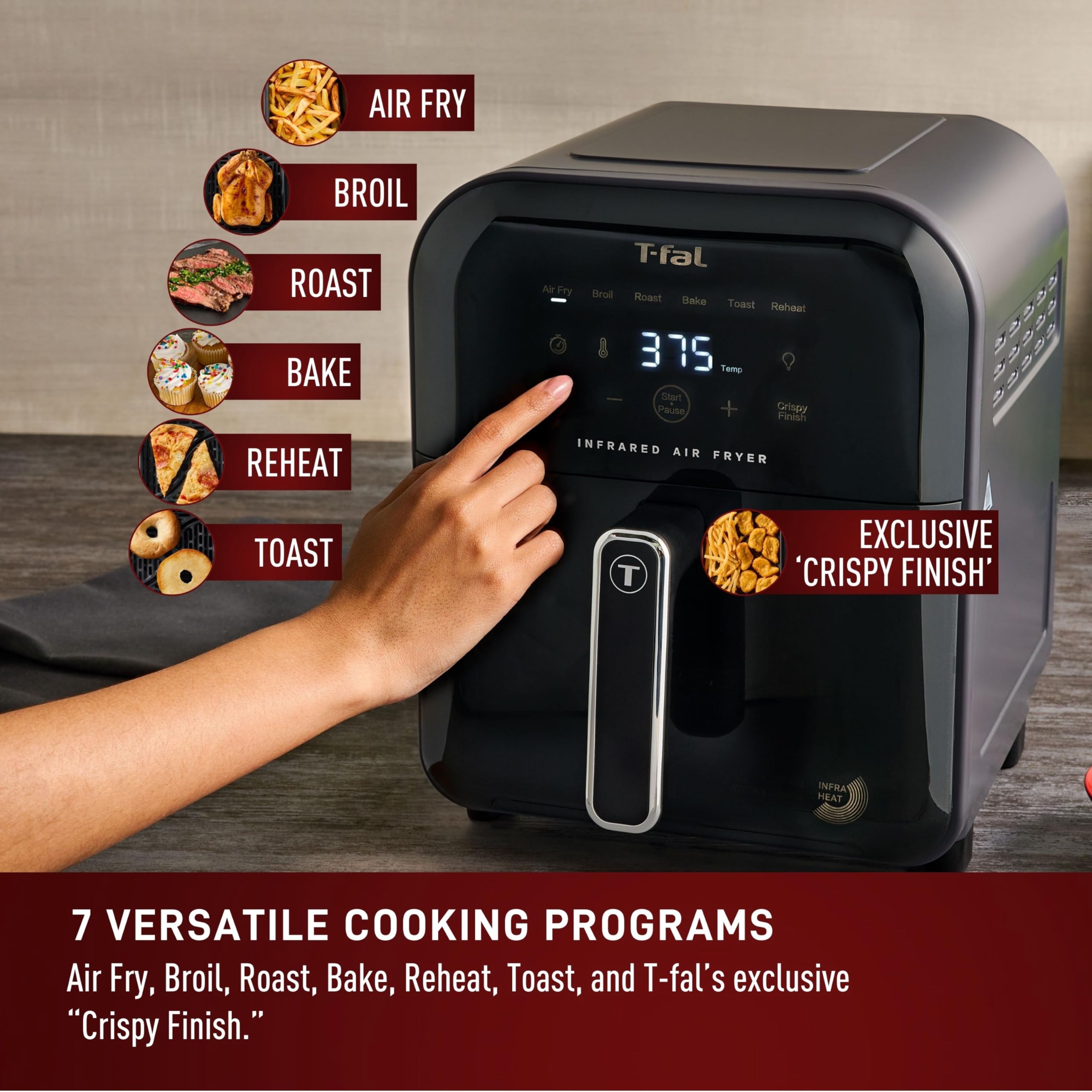 T-fal 6 Qt Digital Air Fryer with Touch Screen - 7-in-1 Cooking Functions, 1550W Fast Heating to 750°F in 45 Seconds, Carbon Fiber Heater & No-Shake Technology for Crispy Results - Perfect for Healthy Frying, Baking, Roasting in Kitchens & Small Spaces (Black)