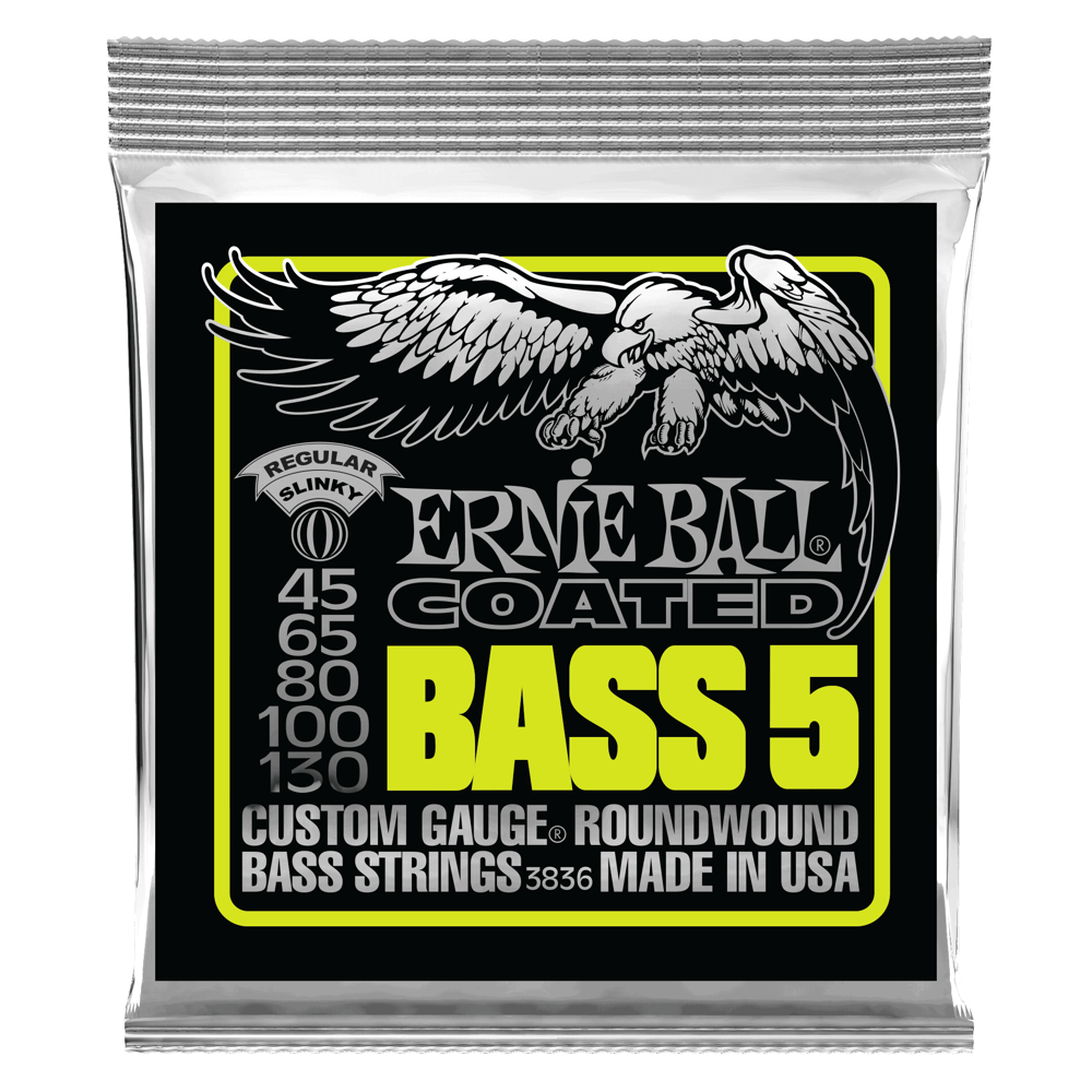 Ernie Ball 3836 Regular Slinky Coated Electric Bass Strings - .045 .130 Custom Gauge 5-String Set for Rock, Jazz & Studio Recording