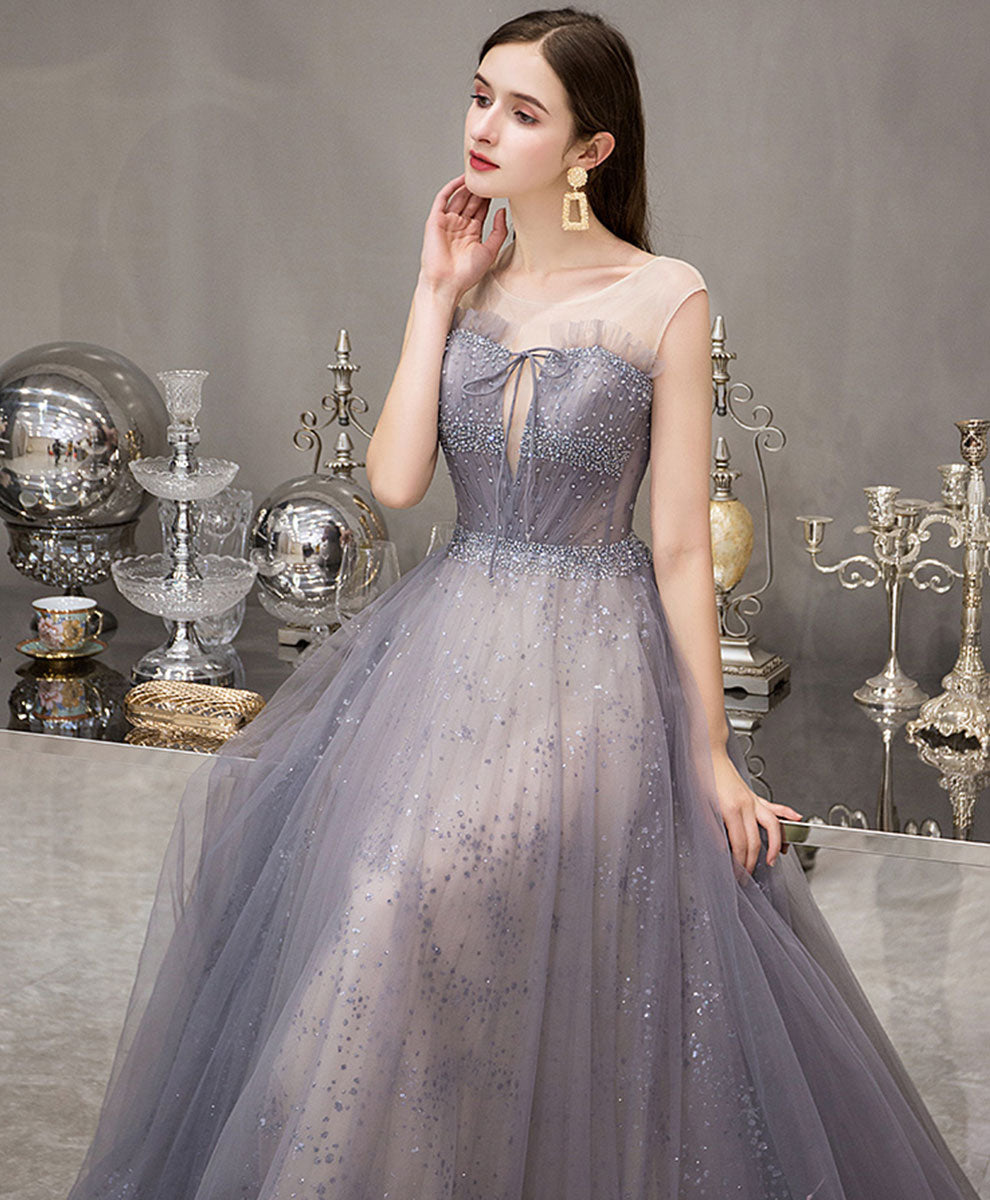 Elegant Blue Round Neck Tulle Sequin Long Prom Dress for Women - Formal Evening Gown for Homecoming, Ball, and Special Occasions