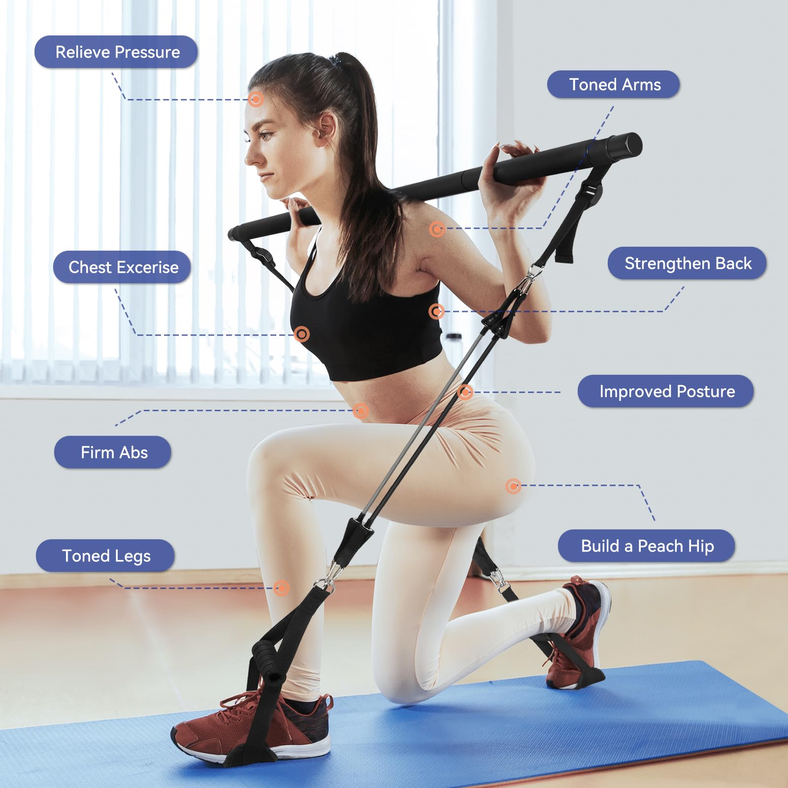 Upgraded Pilates Bar Kit with Resistance Bands - Natural Latex Fitness Equipment for Women & Men - Heavy-Duty Stainless Steel Yoga Stick for Home Gym - Full Body Workout for Strength Training, Toning & Flexibility - Perfect for Pilates, Yoga & Home Exercise Routines