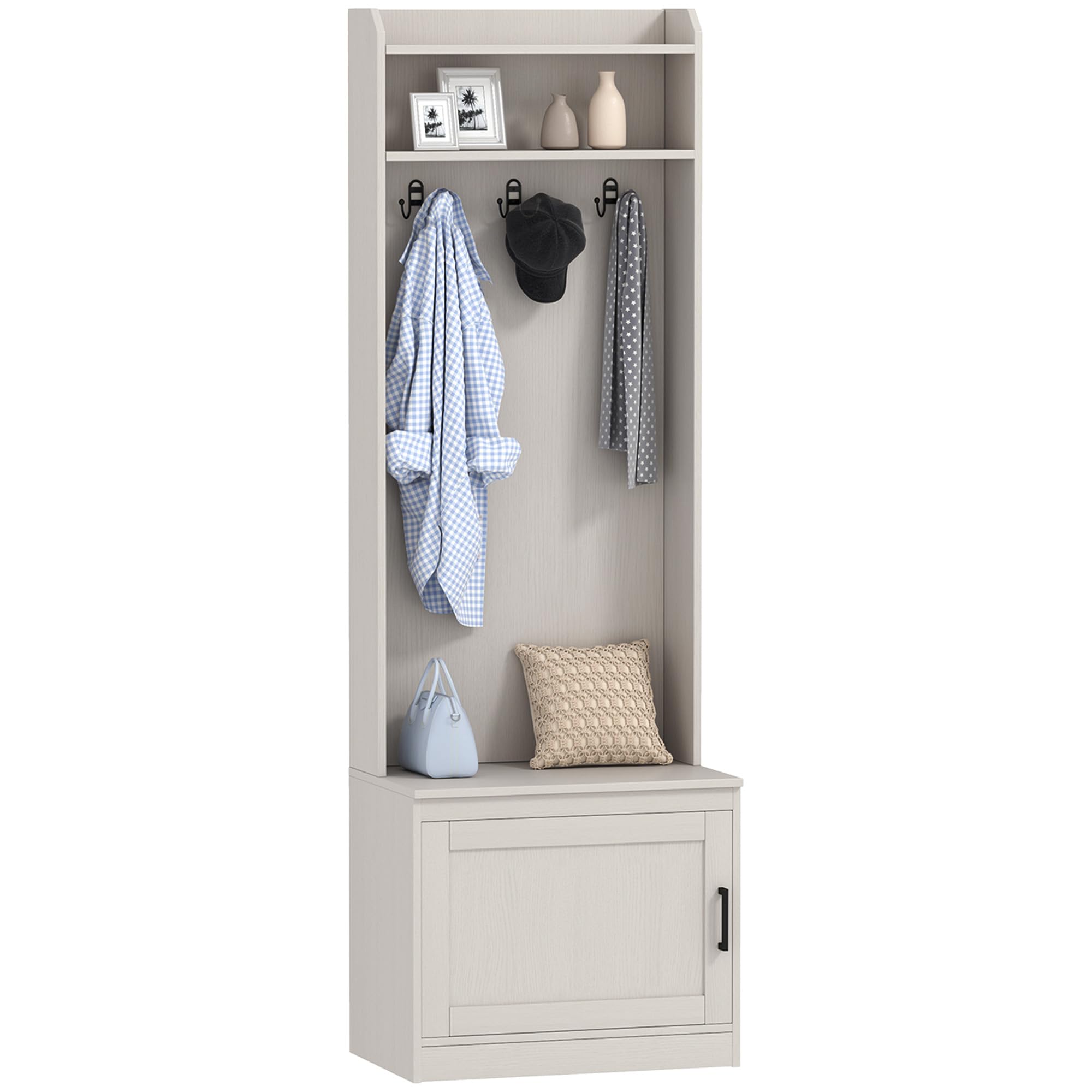 HOMCOM Narrow Hall Tree with Shoe Storage Bench - Rustic Entryway Coat Rack with Shelves for Hallway, Mudroom & Foyer - White Wood Grain Finish for Home Organization & Space Saving