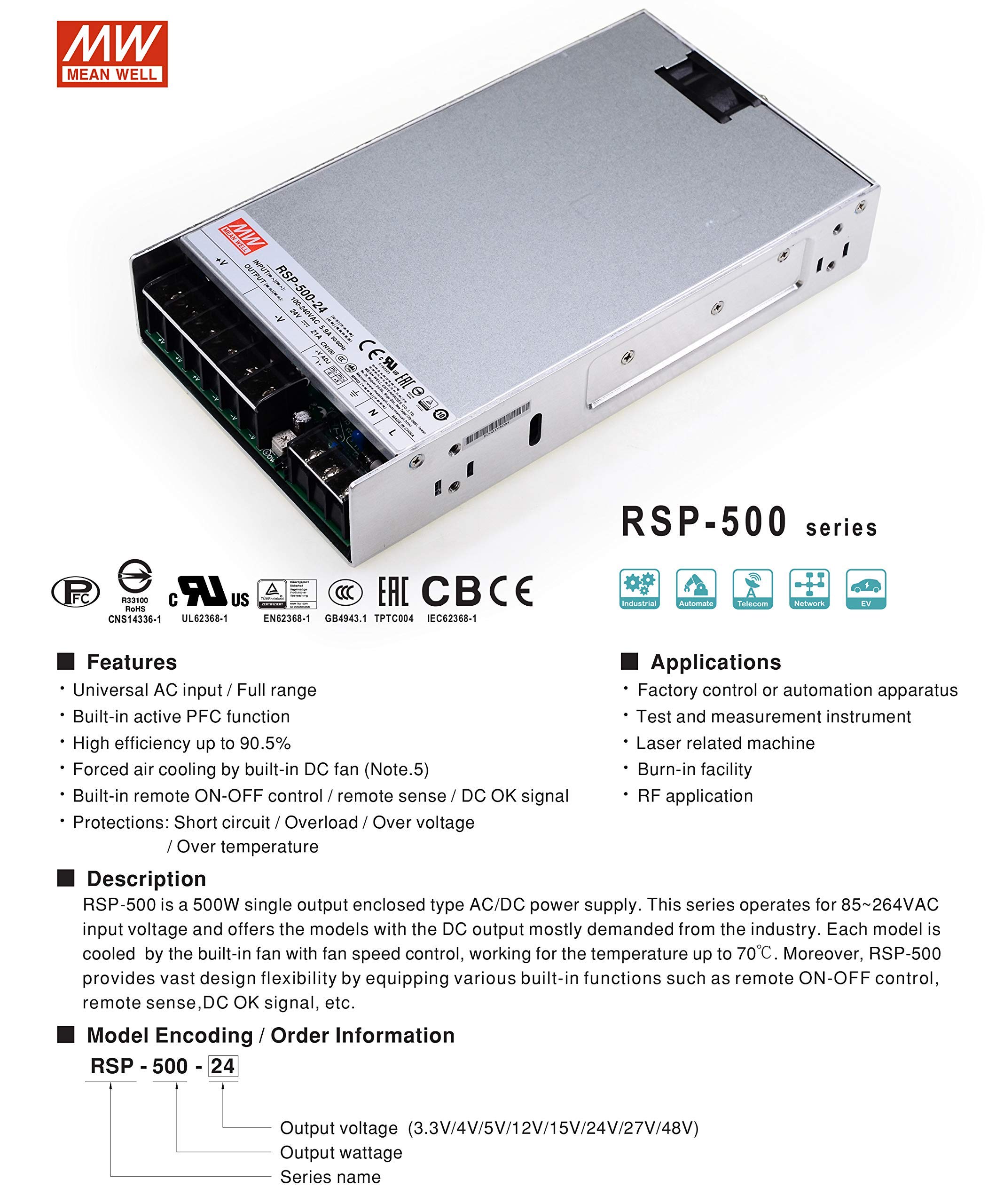 Mean Well RSP-500-24 500W 24V 21A DC Power Supply with PFC - for 3D Printers, LED Strip Lights, Industrial Control Systems | NES/SE/S Certified | Perfect for Home DIY Projects, Workshop Equipment & Automation Systems