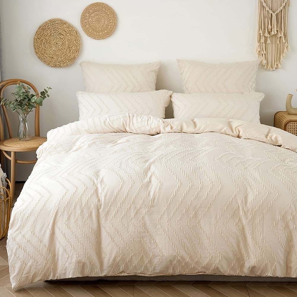 VCTOPS Boho Wave Tufted Duvet Cover Set - 2 Piece Twin Size Soft Embroidered Comforter Cover - All Seasons Bedding Set (Khaki) - Perfect for Bohemian Bedroom Decor & Guest Room Styling