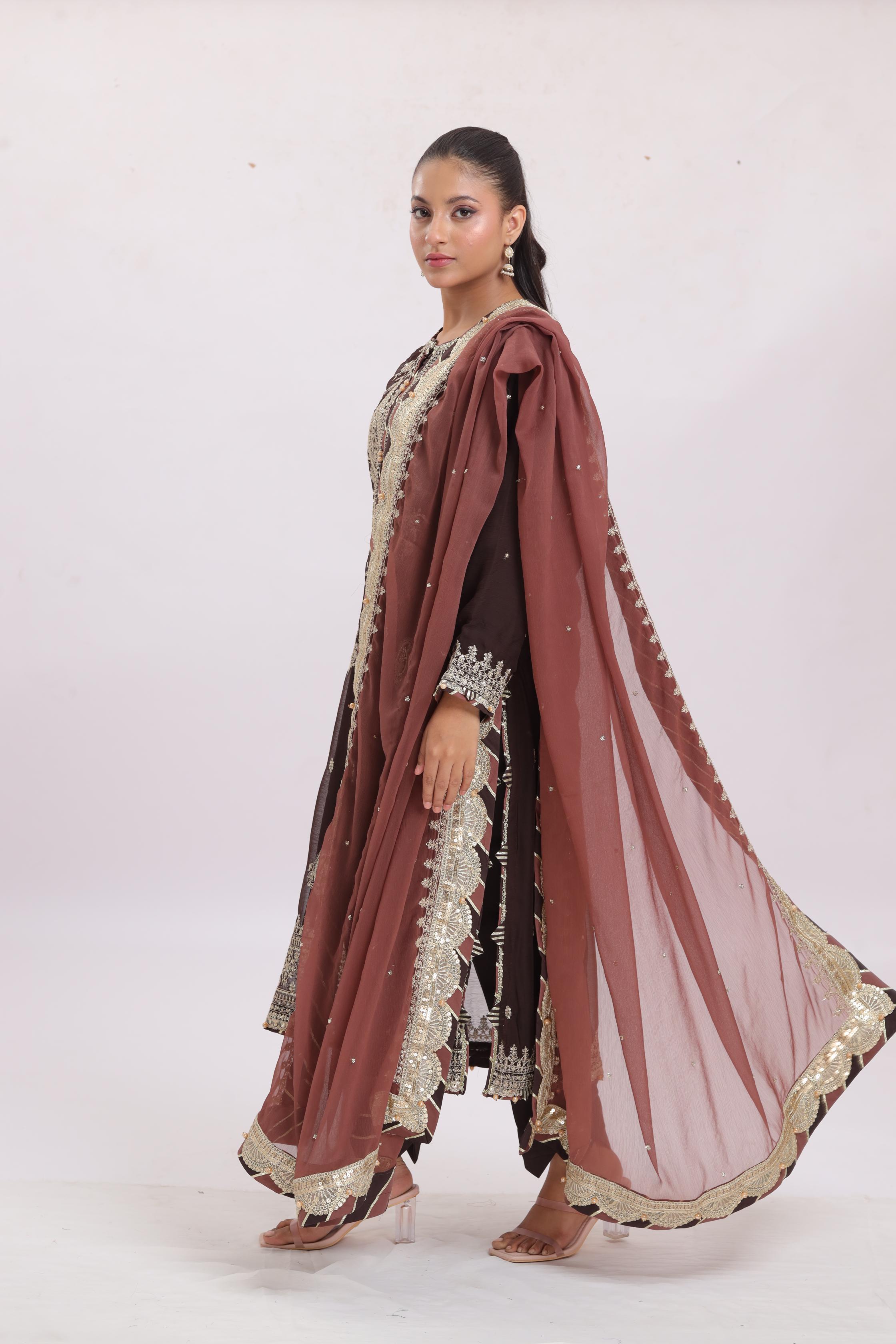 Elegant Chiffon Brown Stitched Suit by Asim Jofa - Perfect for Weddings, Parties & Formal Events