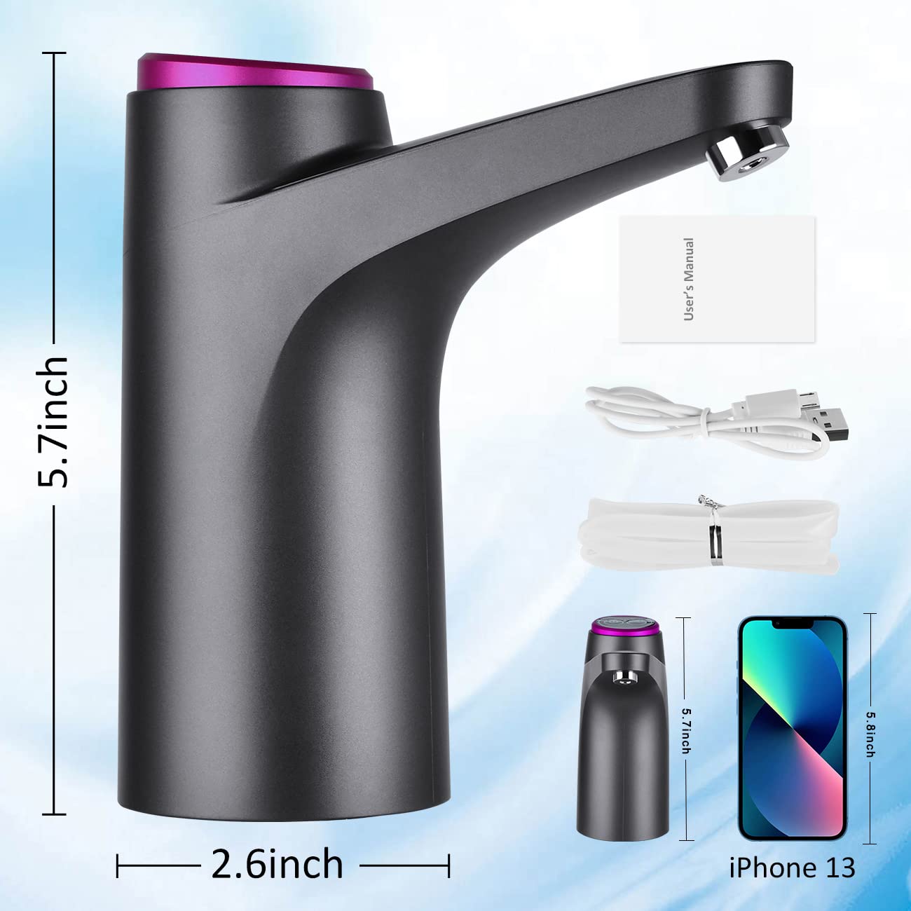 2-5 Gallon Portable Electric Water Dispenser Pump - USB Rechargeable Drinking Water Bottle Pump for Camping, Hiking, Home & Office Use | Universal for Water Jugs | Perfect for Outdoor Adventures & Daily Hydration (Black)